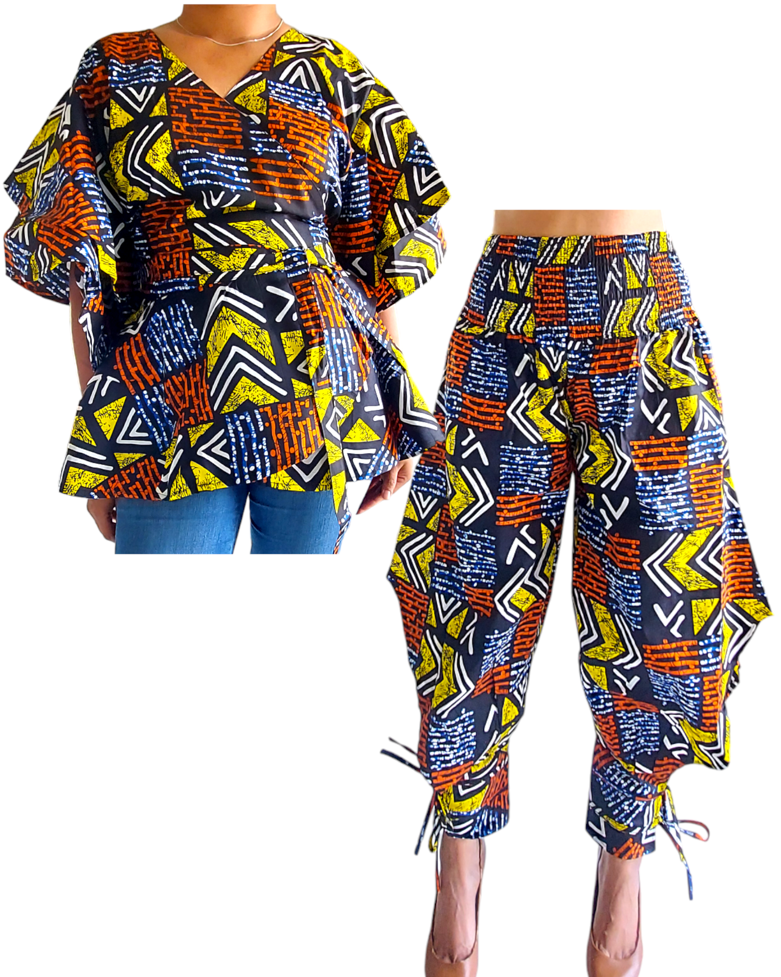 1203-29 Harem Pant & Wrap Blouse Set Multi Color