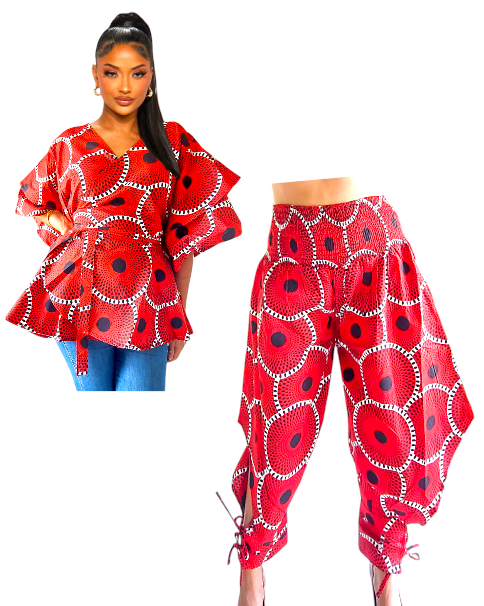 1203-29 Harem Pant & Wrap Blouse Set Red