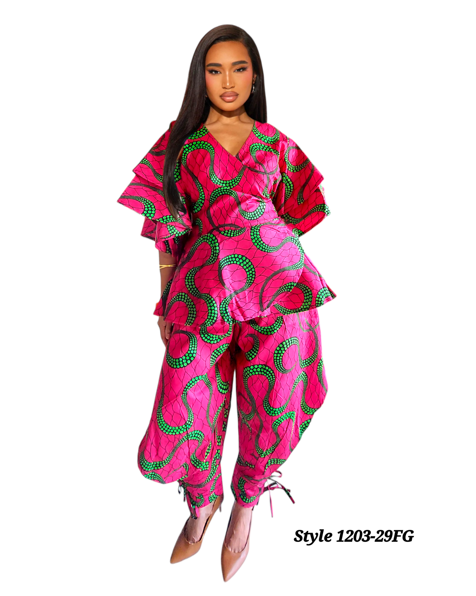 1203-29 Harem Pant & Wrap Blouse Set Fuchsia/Green