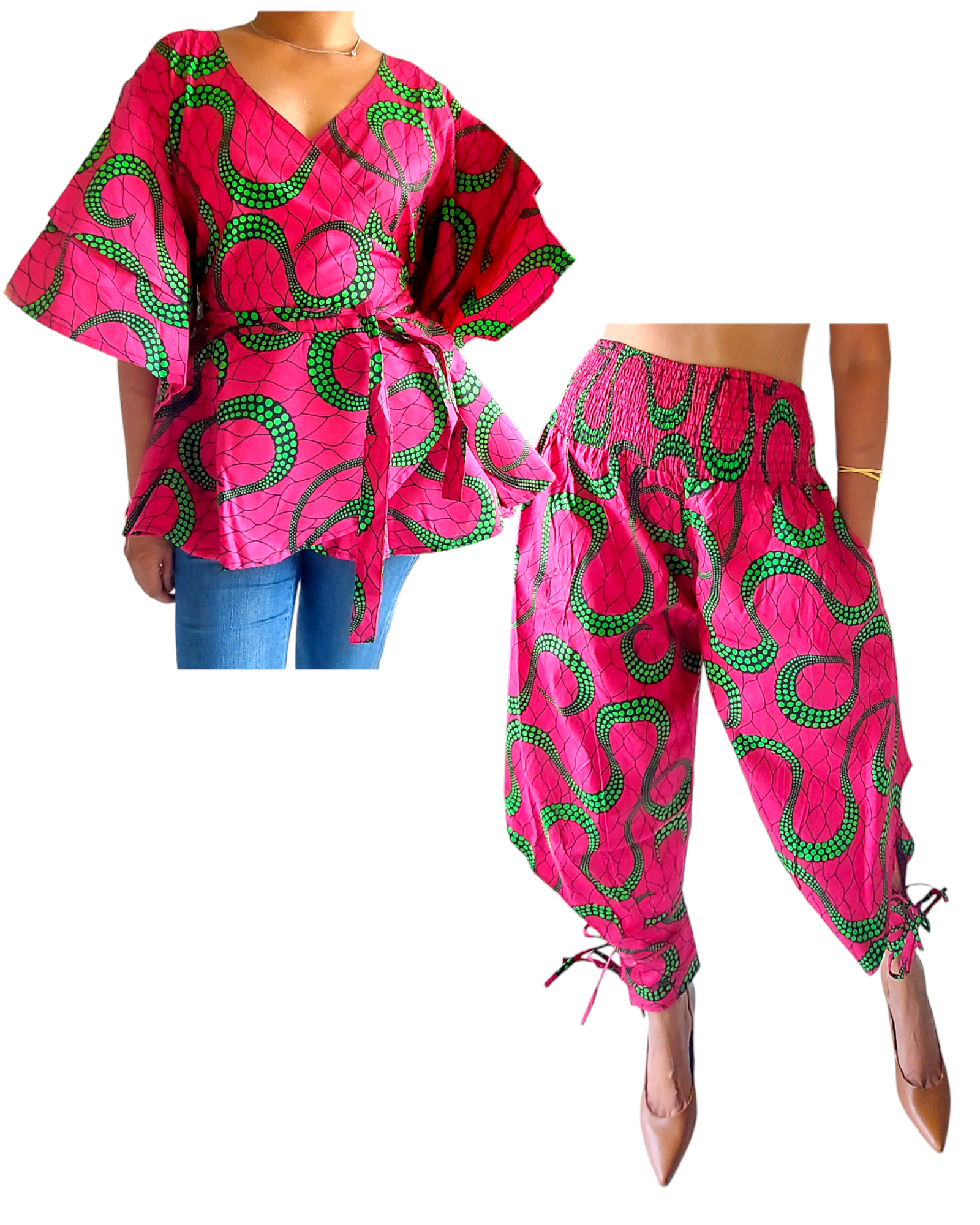 1203-29 Harem Pant & Wrap Blouse Set Fuchsia/Green