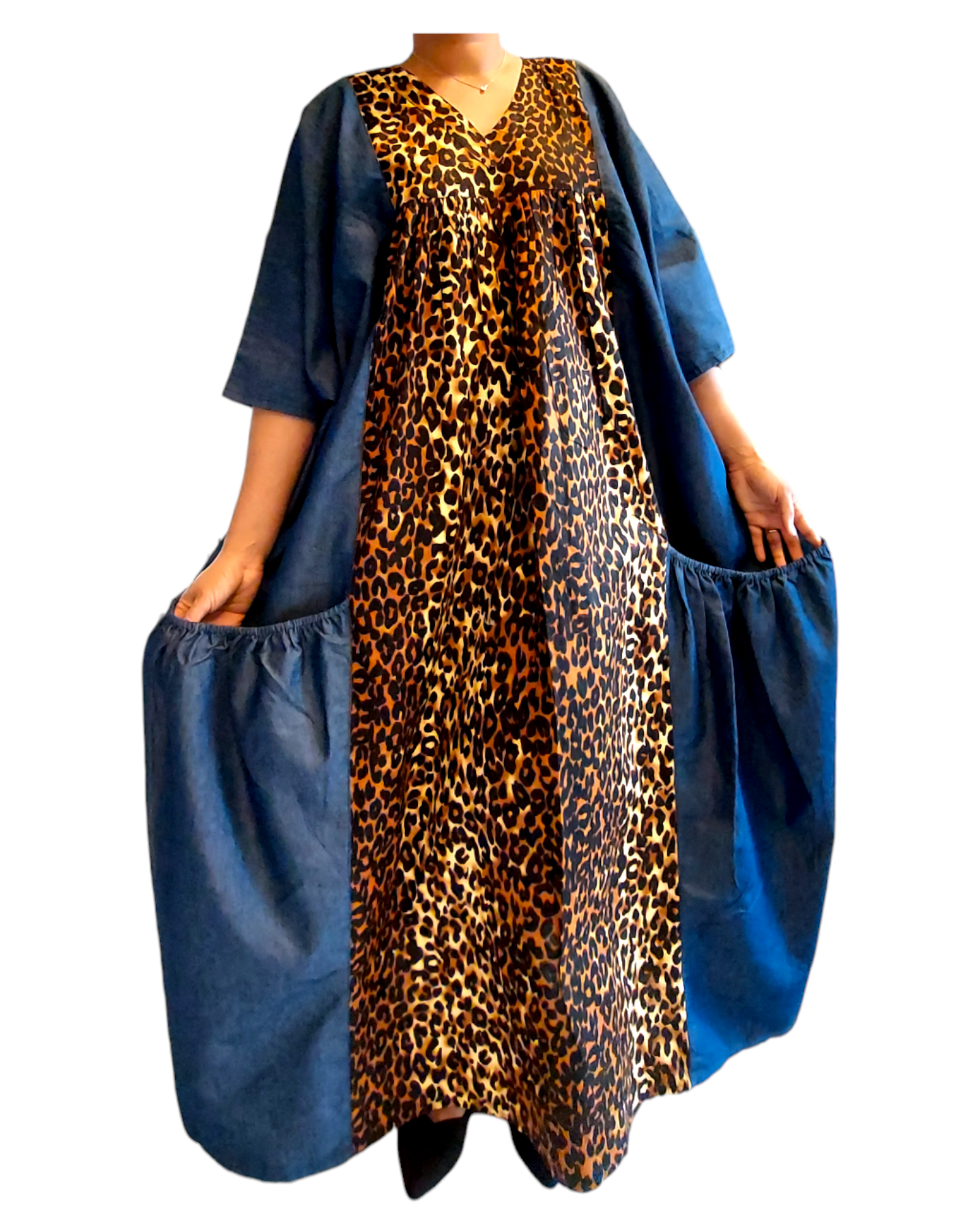 Authentic African Print Panel and Denim Dress - 7650D