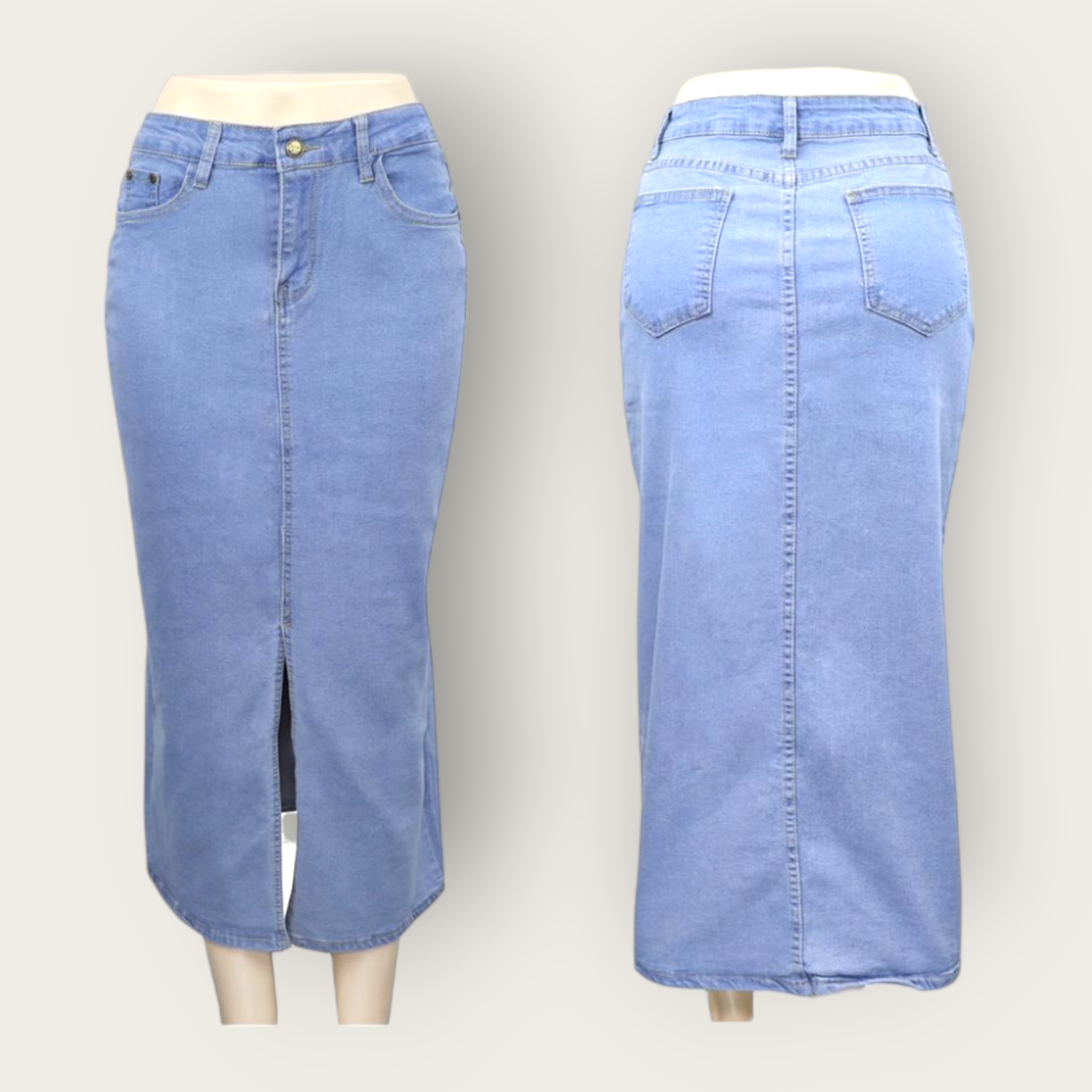 Denim  Skirt with Front Slit-Light Blue P4292