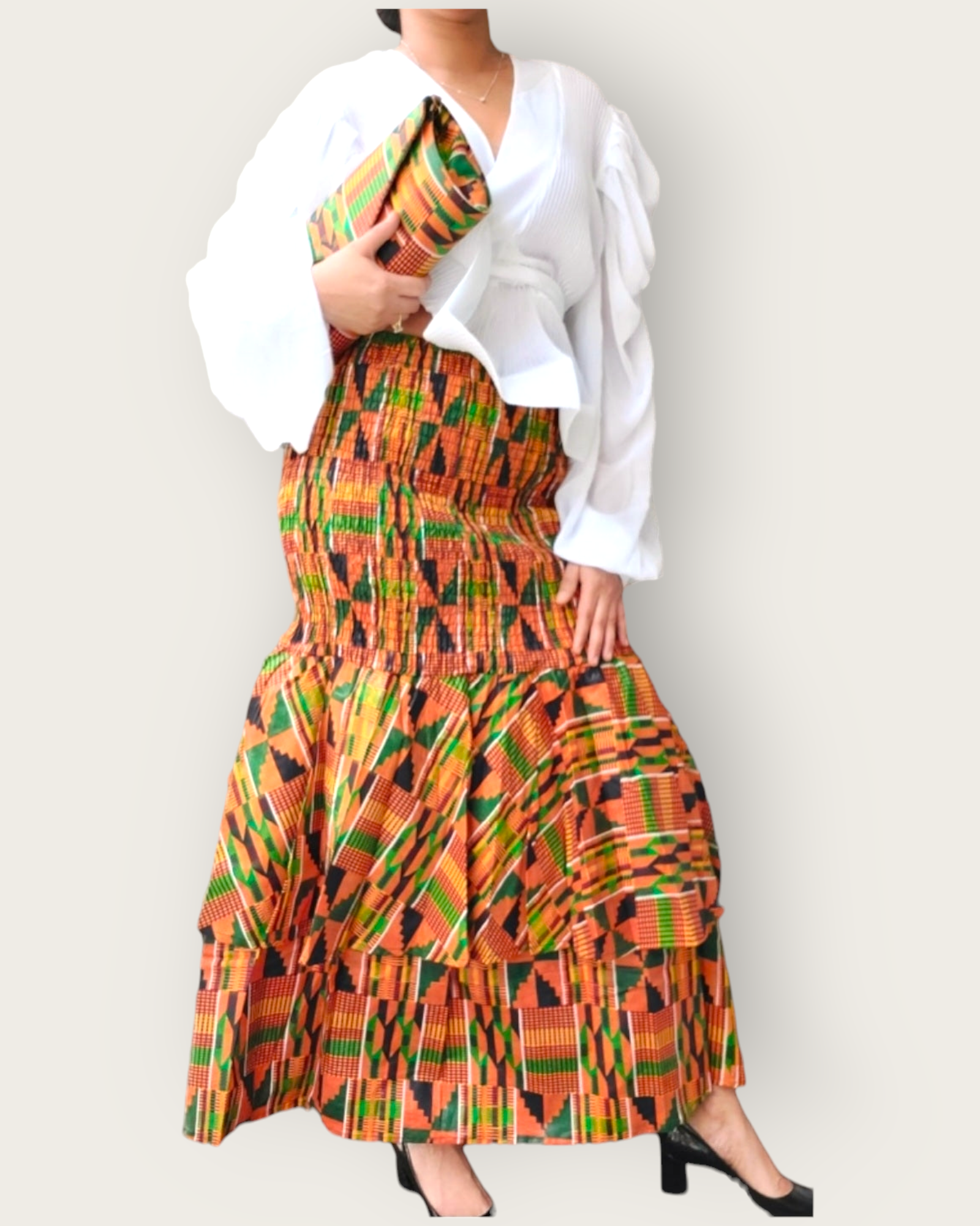 Convertible Tiered Mermaid Skirt / Dress- Orange Kente