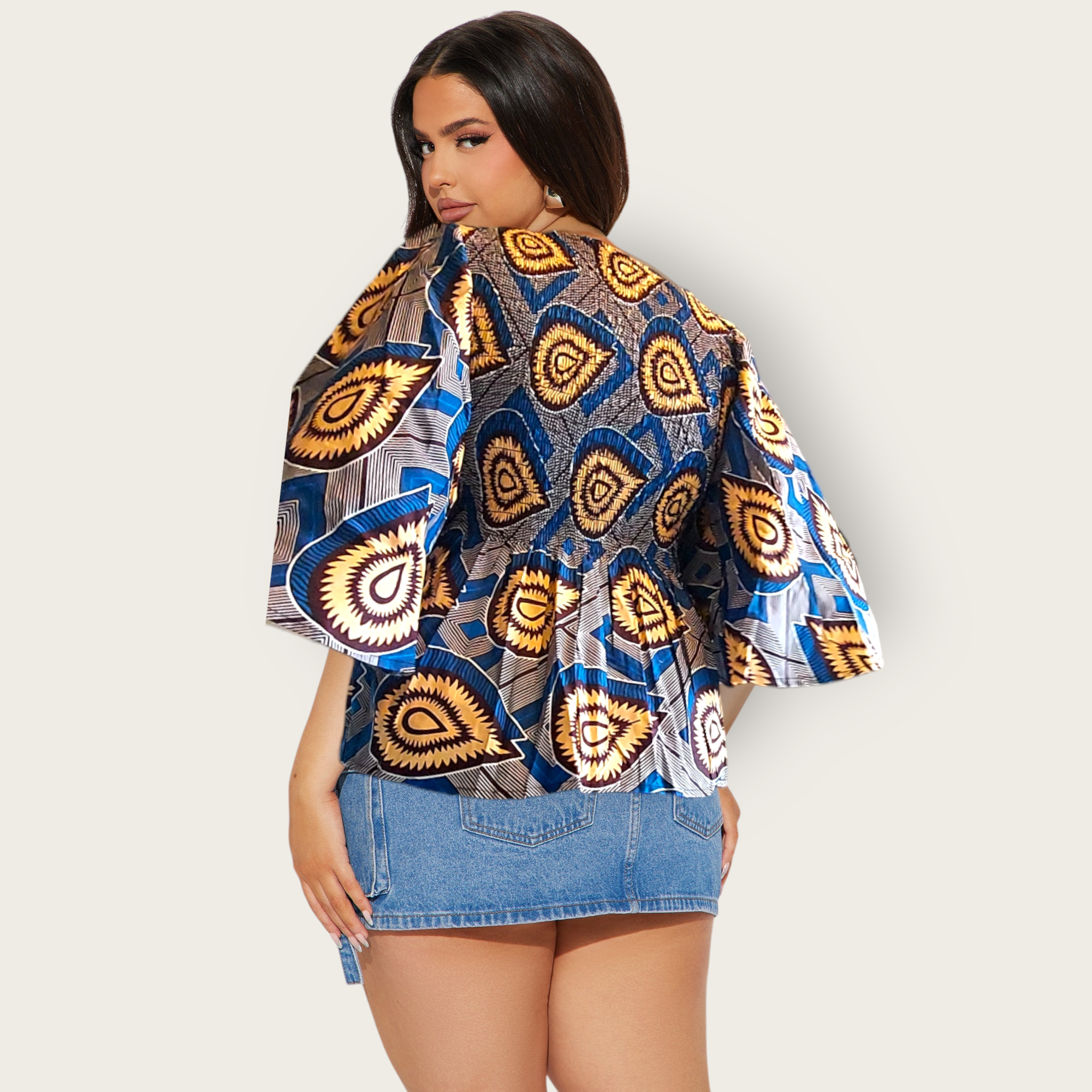 19 Ladie's African Print Smock & Flare Blouse  & Scarf- Peach