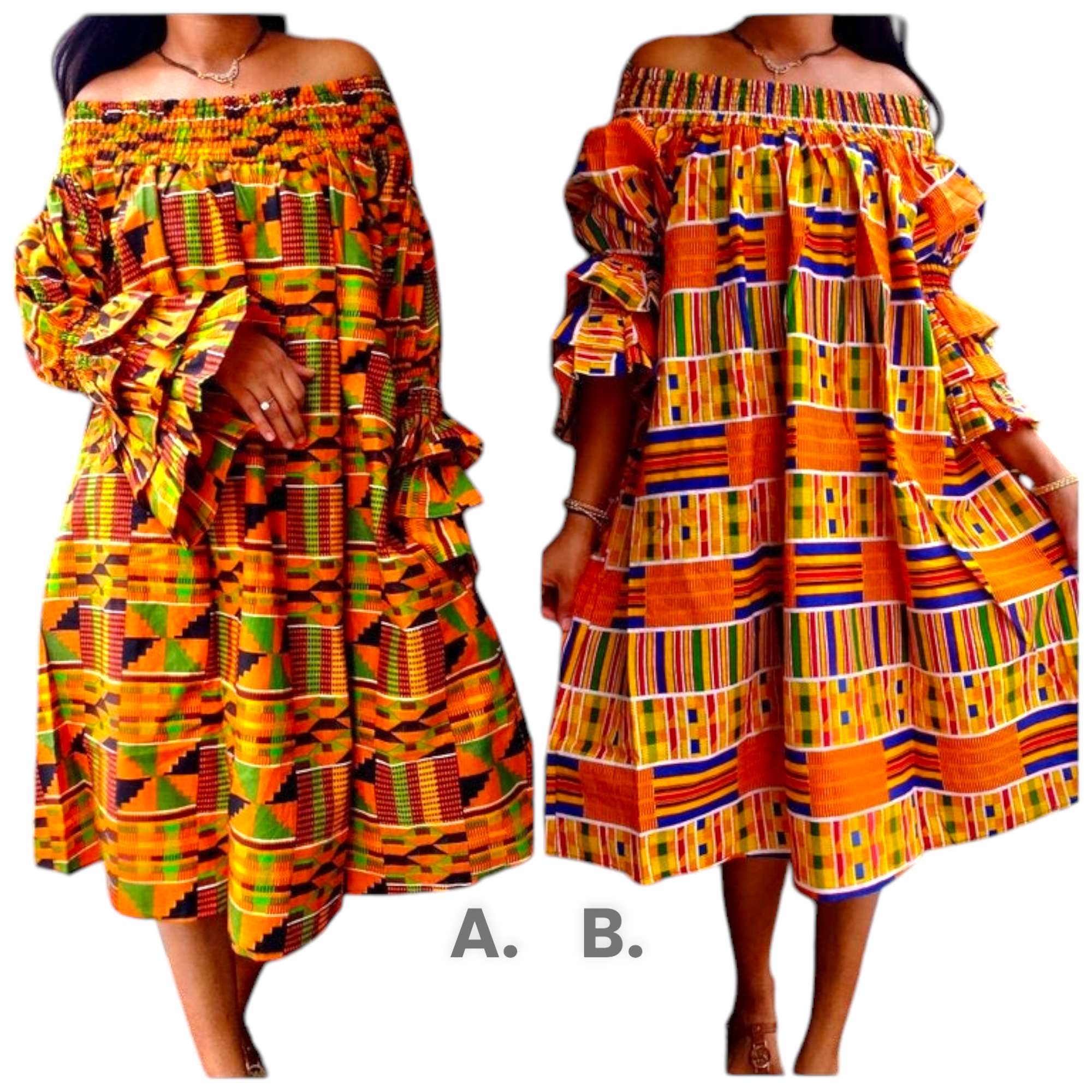 018- Off Shoulder/ Smock Neck / Mid Length Dress- Kente