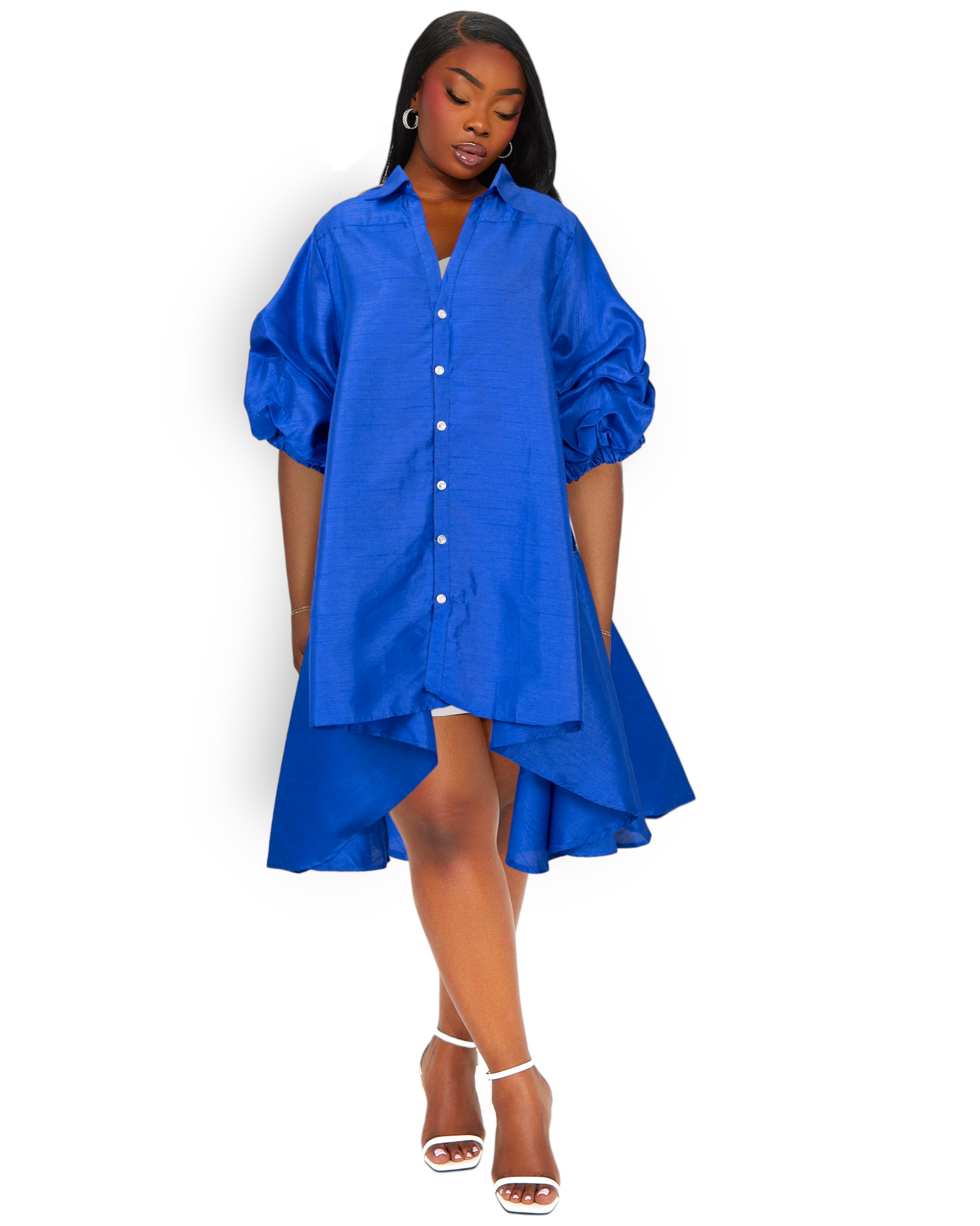 Swing Dress/Faux Silk/ Ruffle Sleeve - Royal Blue 25013 India Batik Retail Swing Dress/Faux Silk/ Ruffle Sleeve - Royal Blue 25013 India Batik Retail