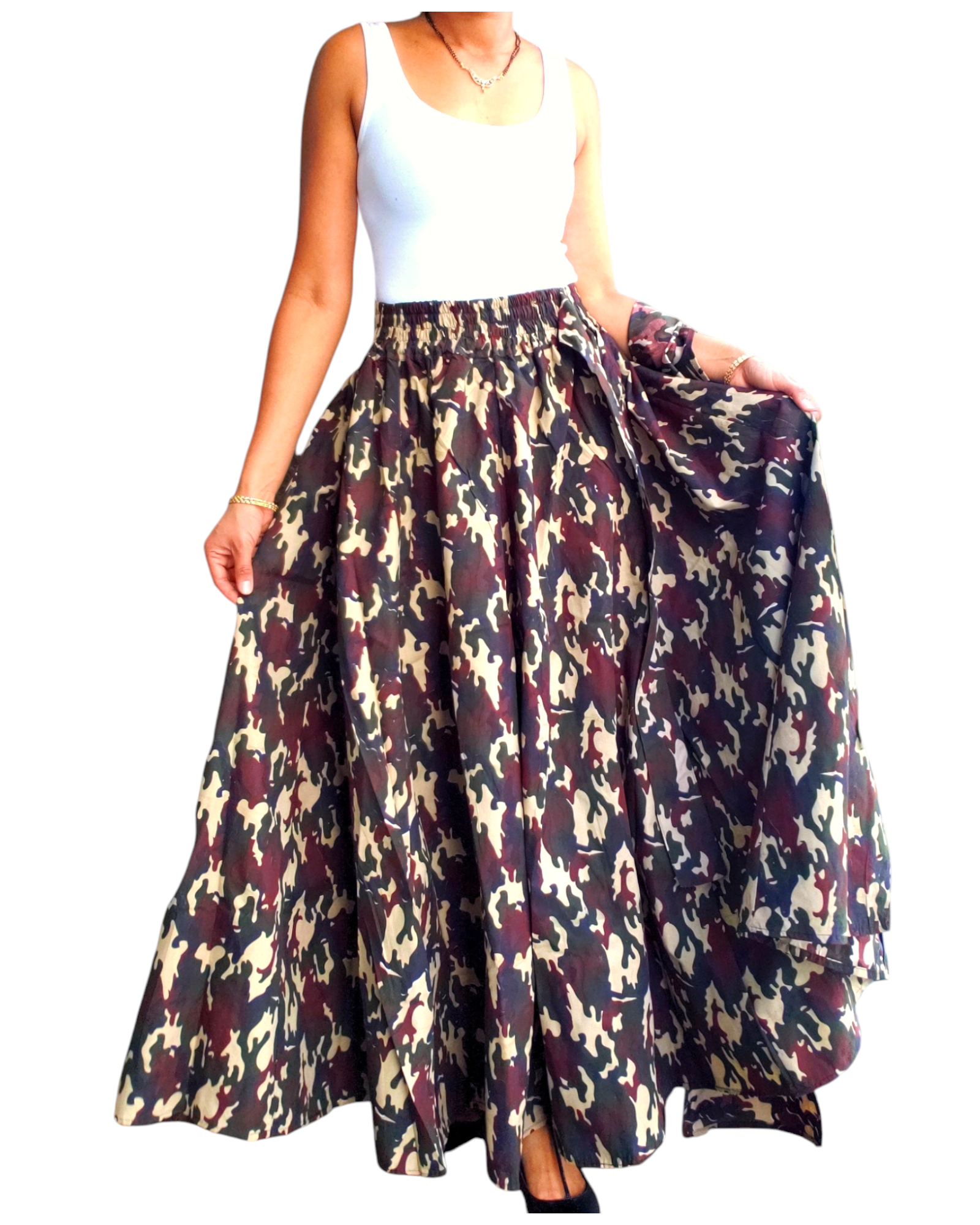 #R40- Women Long Maxi Skirt-Brown camouflage