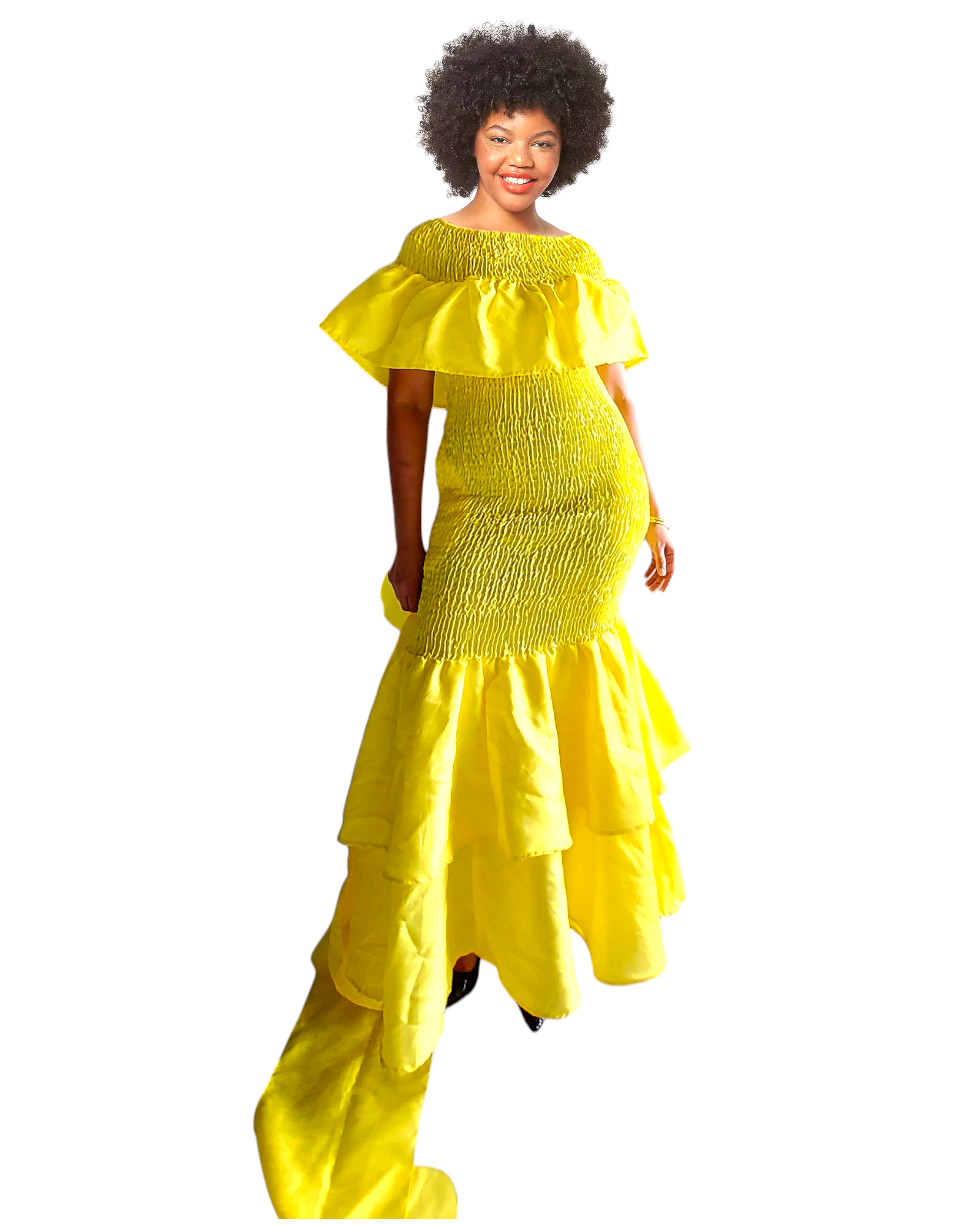 2289 Faux Silk Smock Mermaid Dress - Yellow