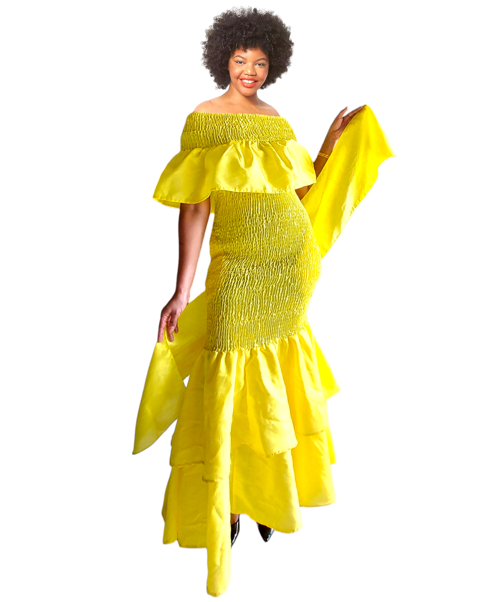 2289 Faux Silk Smock Mermaid Dress - Yellow