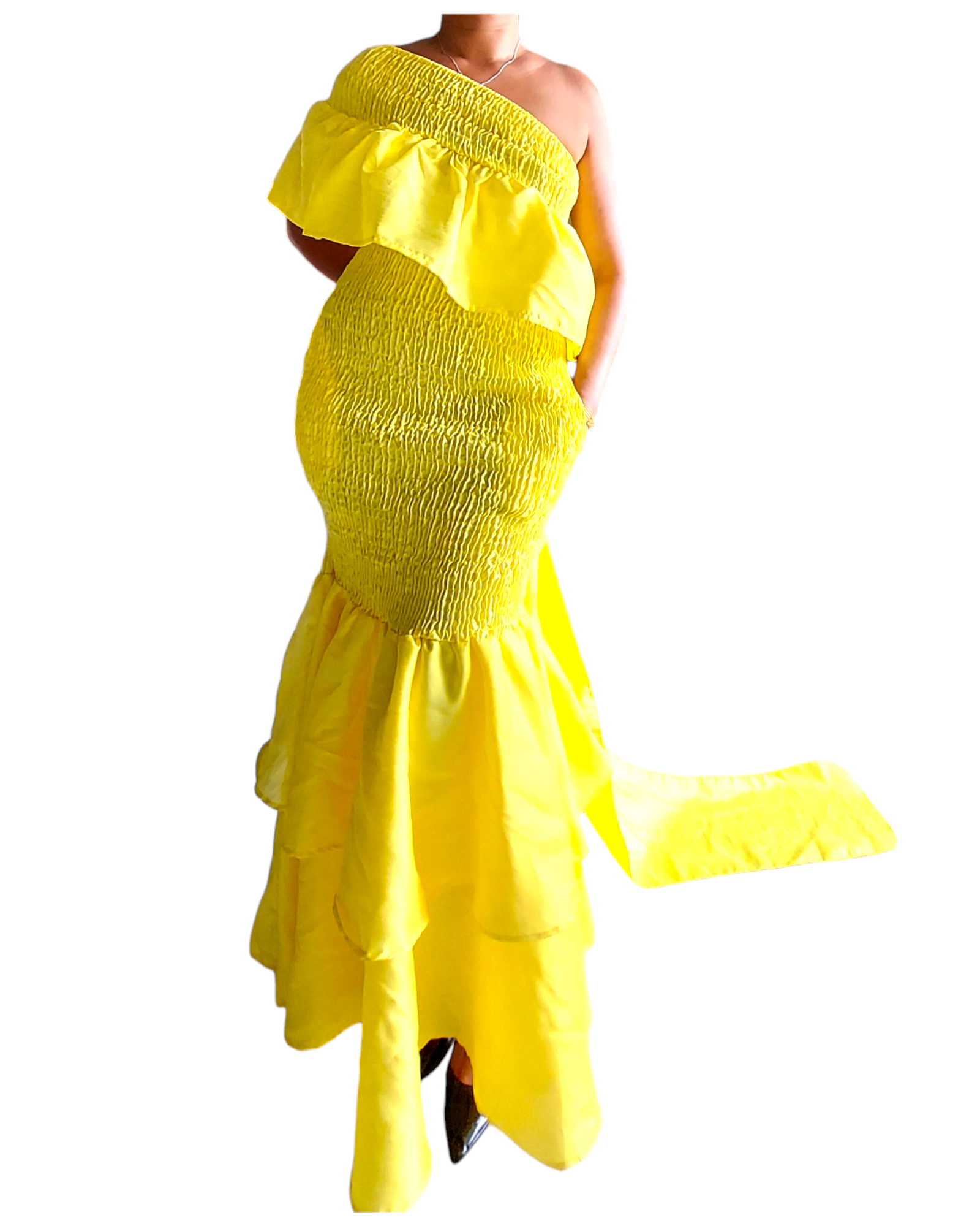 2289 Faux Silk Smock Mermaid Dress - Yellow