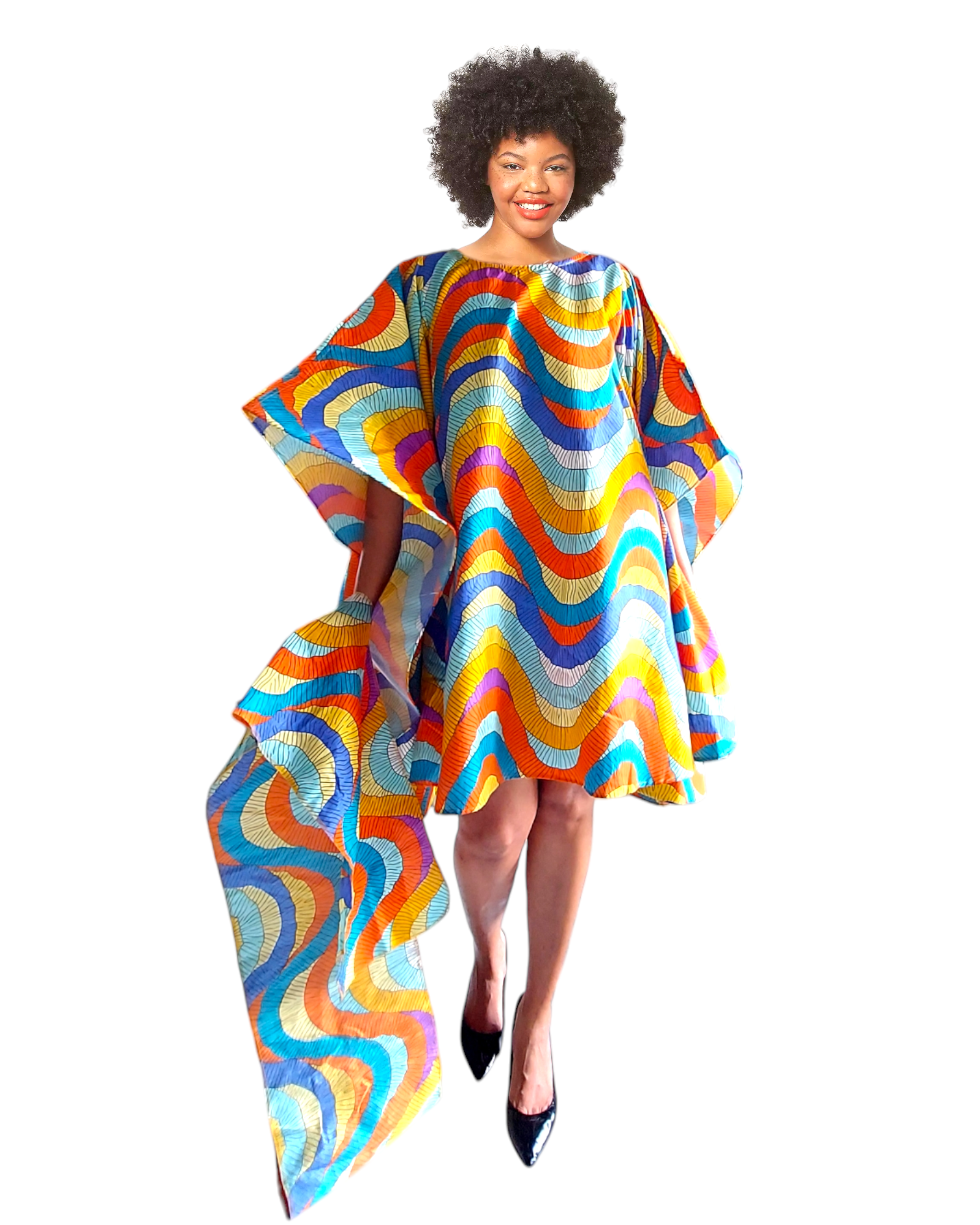 Wing Dress/Faux Silk/Poncho Dress/ Wing Sleeves-Printed 25032D