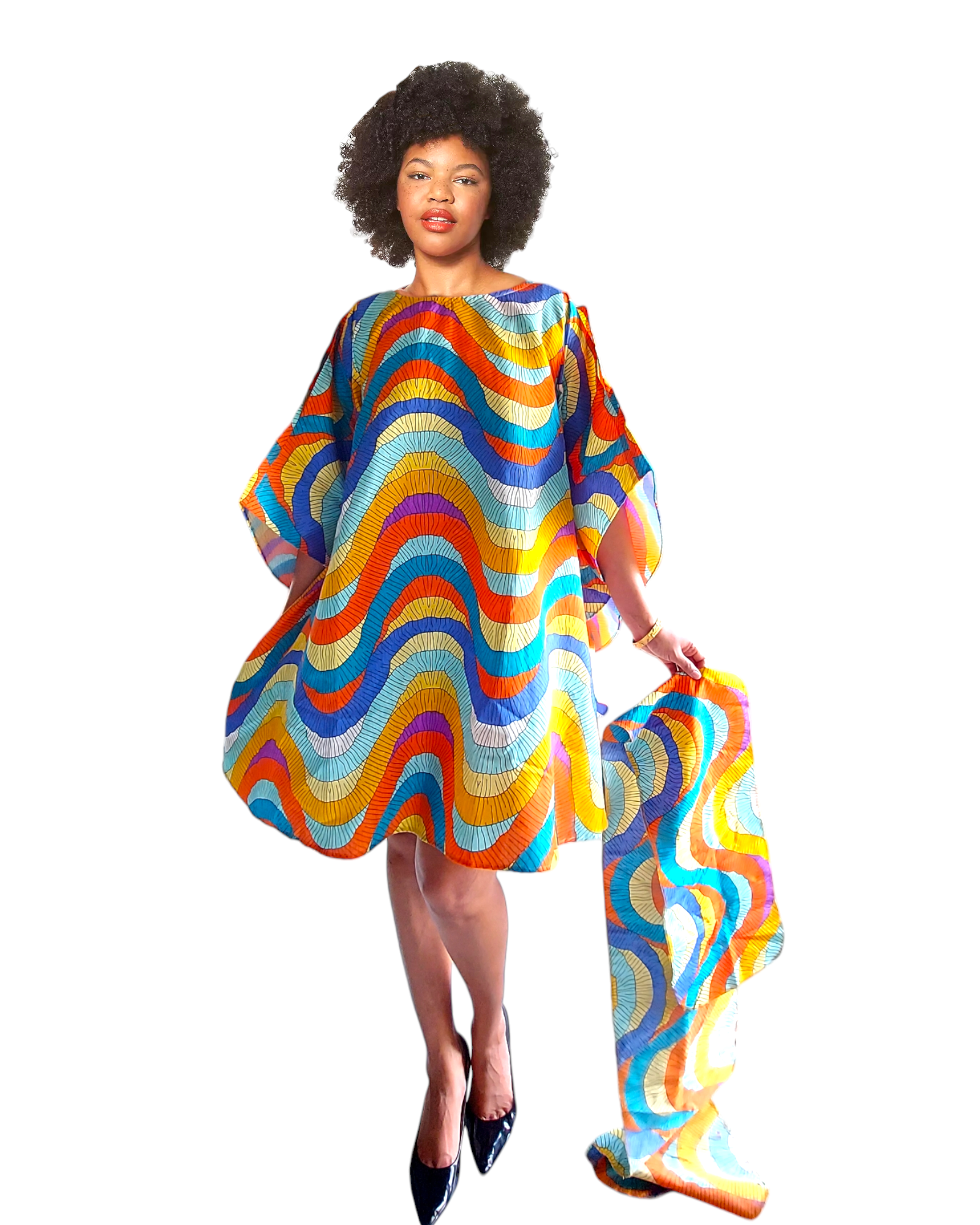 Wing Dress/Faux Silk/Poncho Dress/ Wing Sleeves-Printed 25032D