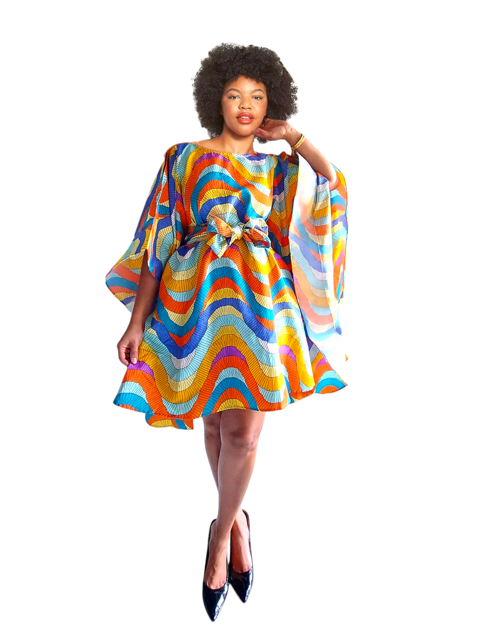 Wing Dress/Faux Silk/Poncho Dress/ Wing Sleeves-Printed 25032D