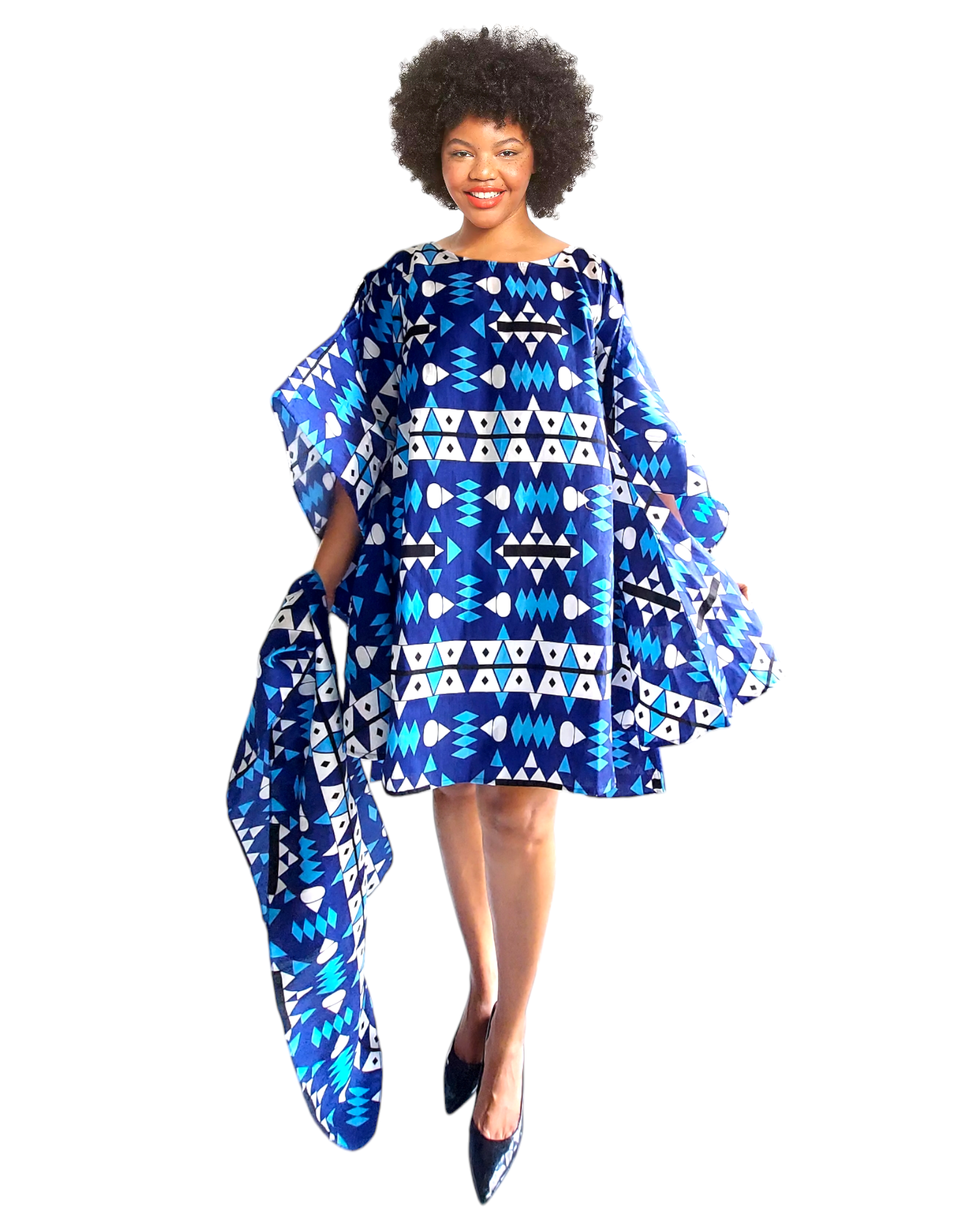 Faux Silk Wing Dress/Poncho Dress/ Wing Sleeves-Printed 25032C