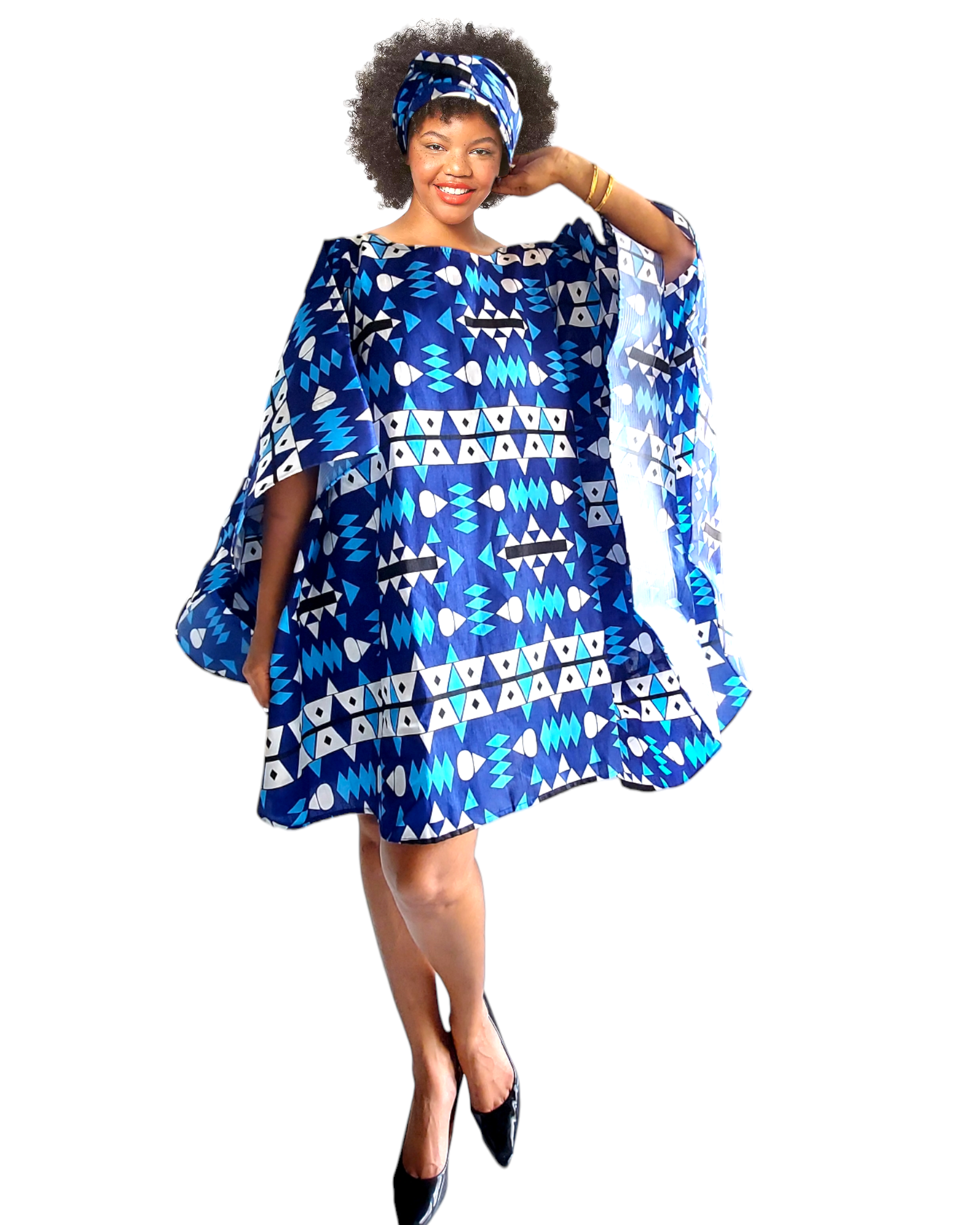 Faux Silk Wing Dress/Poncho Dress/ Wing Sleeves-Printed 25032C