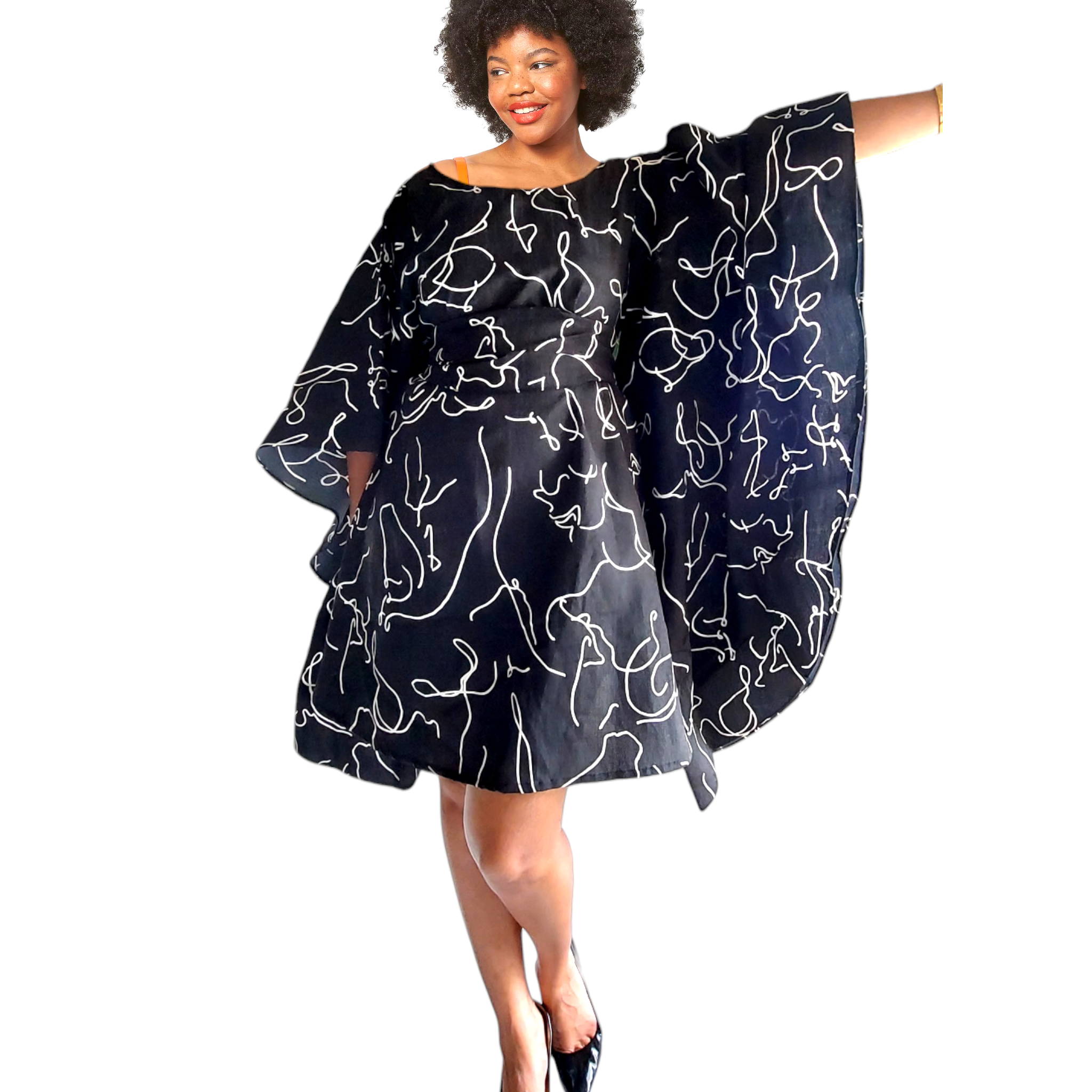 Faux Silk Wing Dress/Poncho Dress/ Wing Sleeves-Printed 25032F