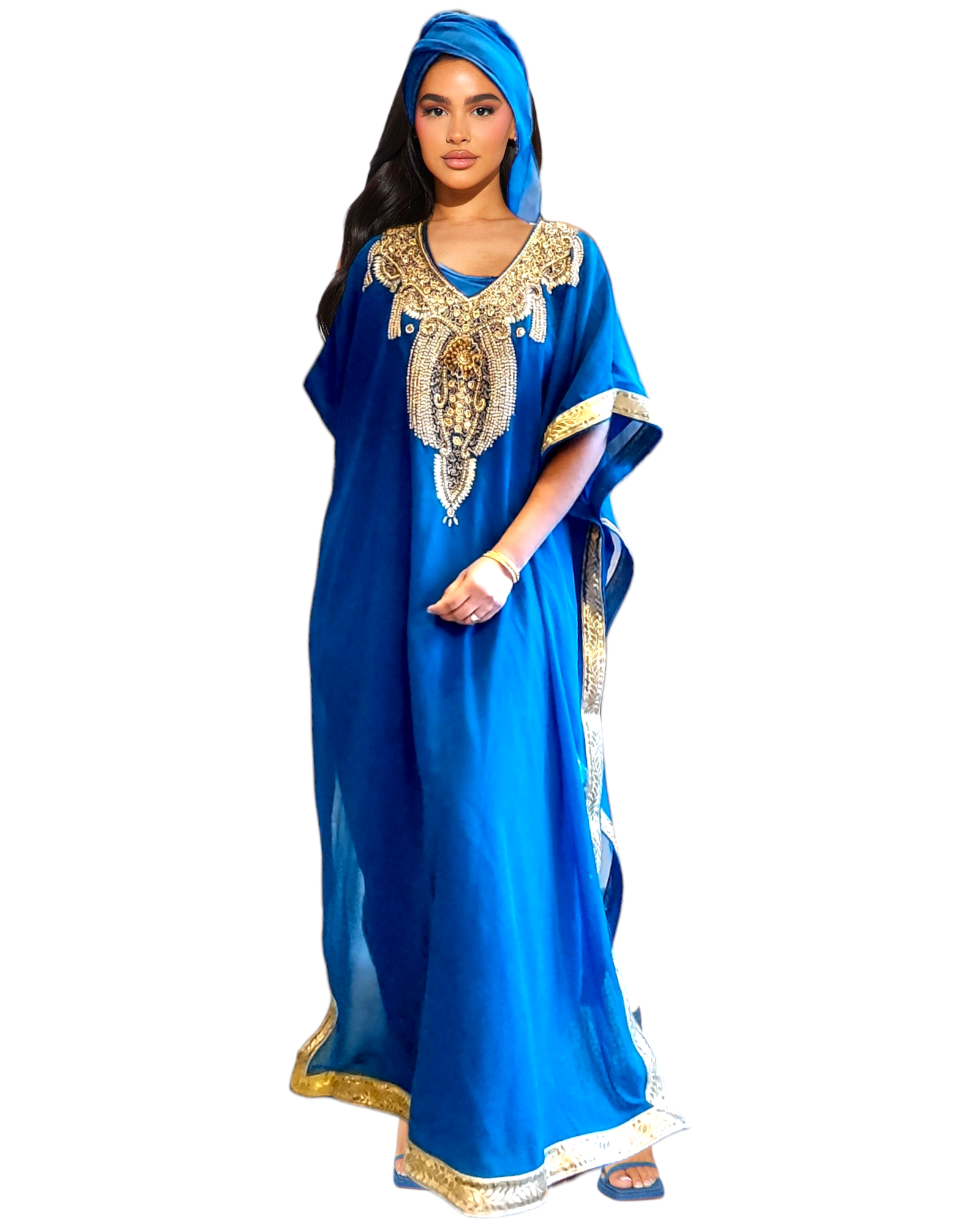 Beaded kaftan Dress With Gold Border /Bright Blue