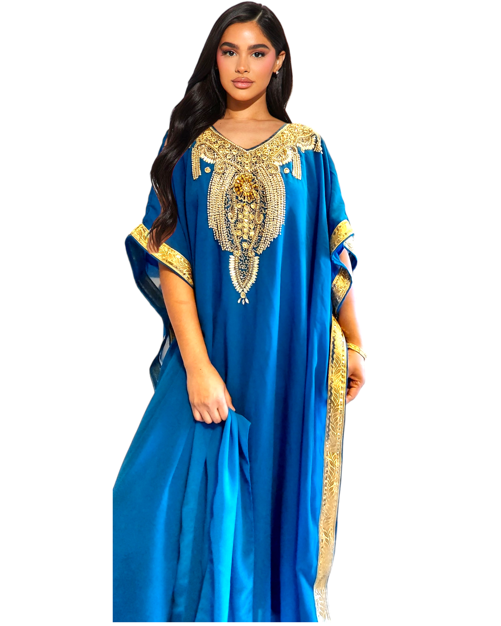 Beaded kaftan Dress With Gold Border /Bright Blue