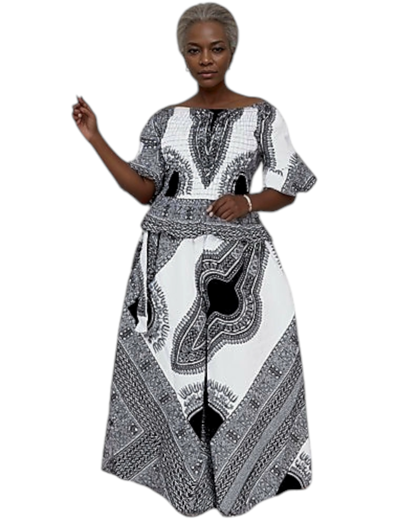 Woman  Long Wide Pant & Blouse  Set / Dashiki/ White- 7573