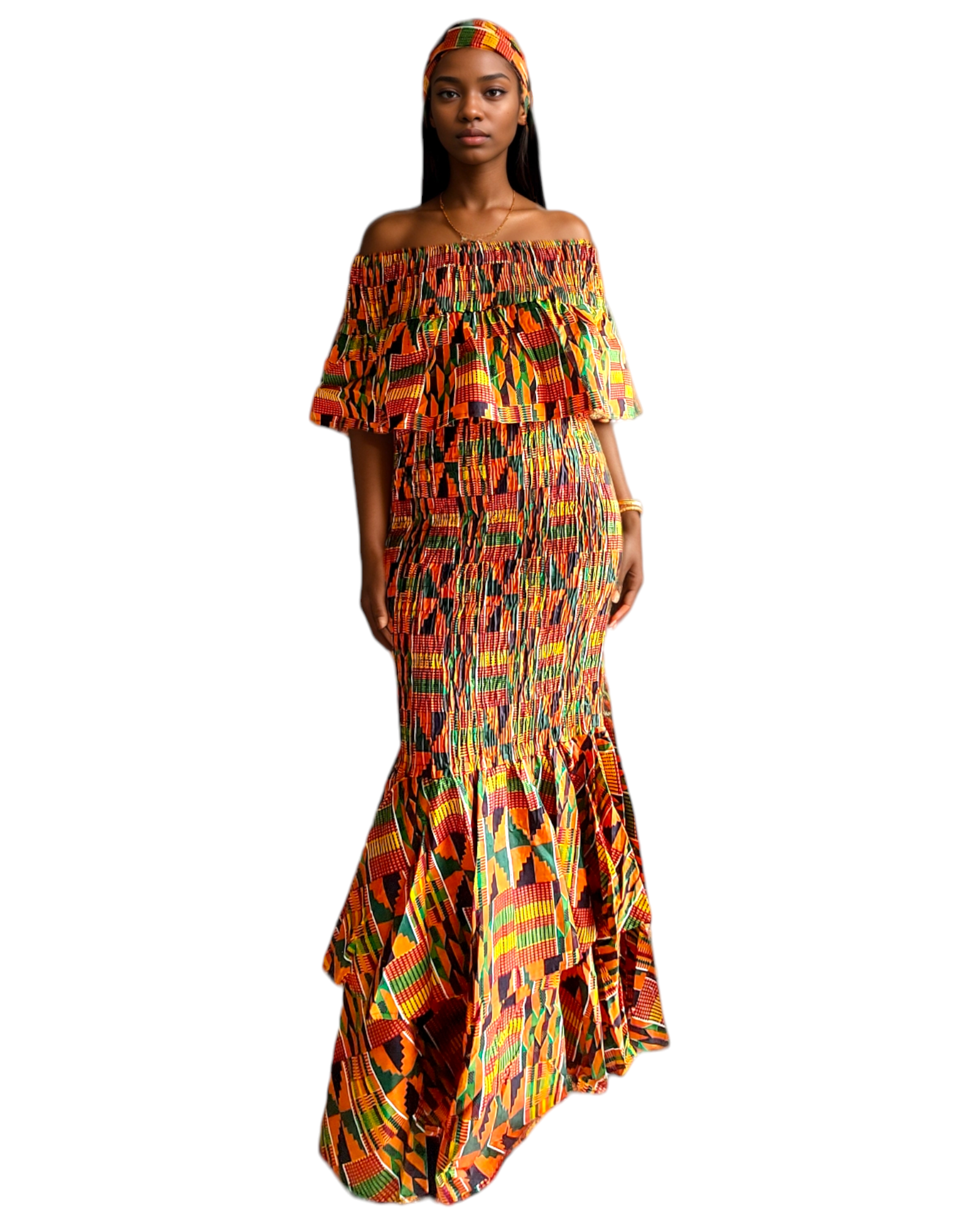 Smock Mermaid Dress - 2289 Orange Kente