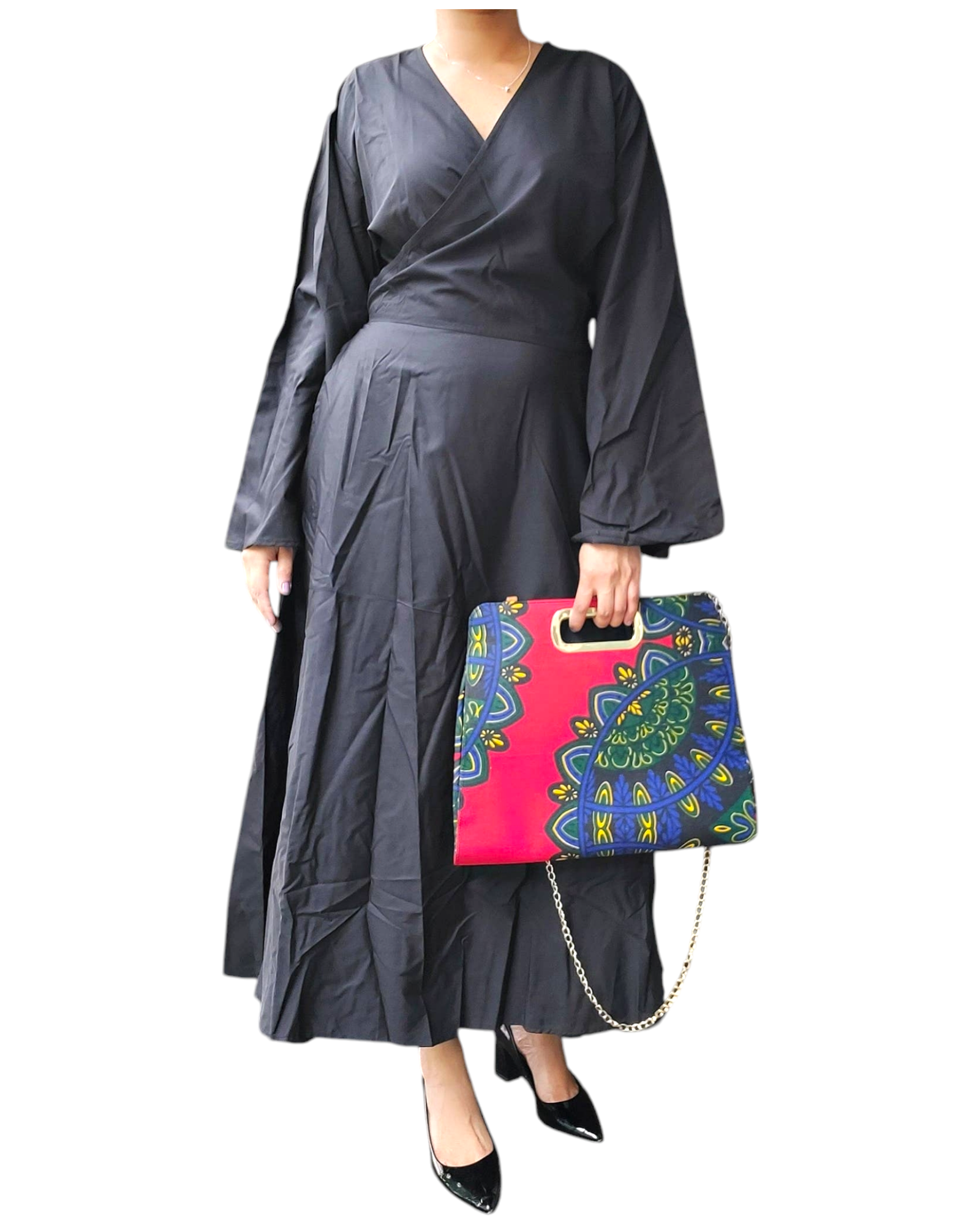 Wrap Dress / Long Bell Sleeves/ Black 706