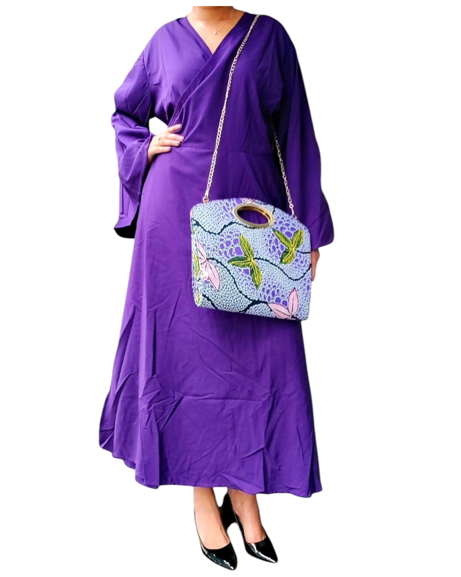 Long Wrap Dress / Long Bell Sleeves/ Solid- Purple