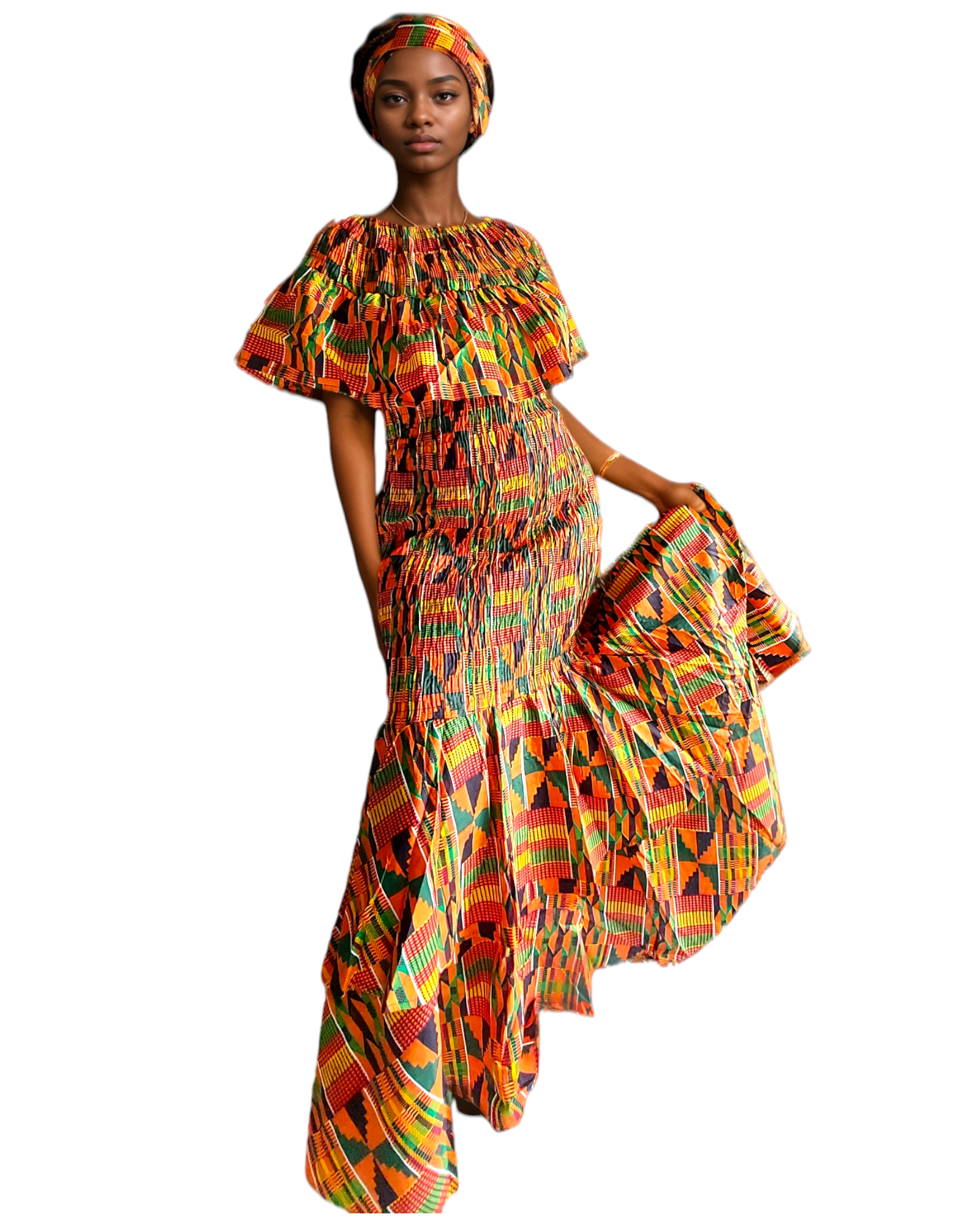 Smock Mermaid Dress - 2289 Orange Kente