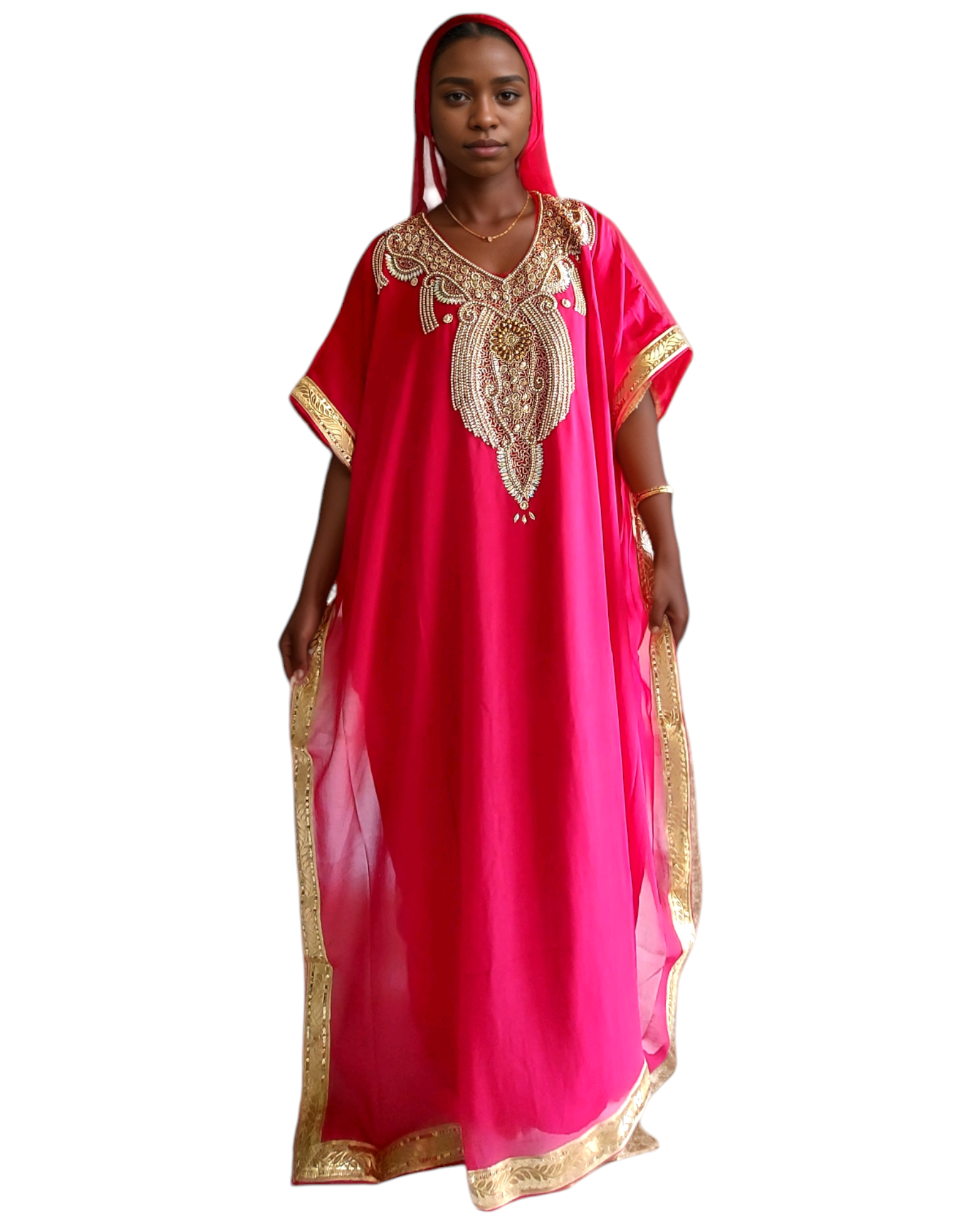 Beaded kaftan Dress With Gold Border - Fuchsia