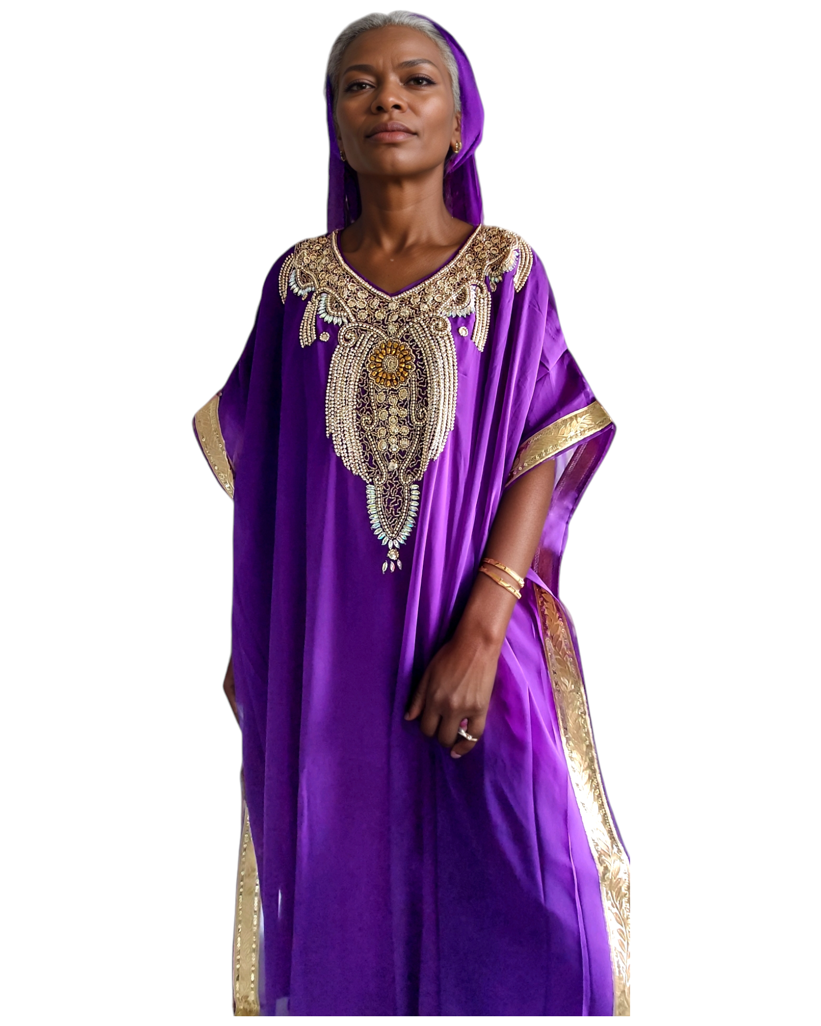 Beaded kaftan Dress With Gold Border - Purple