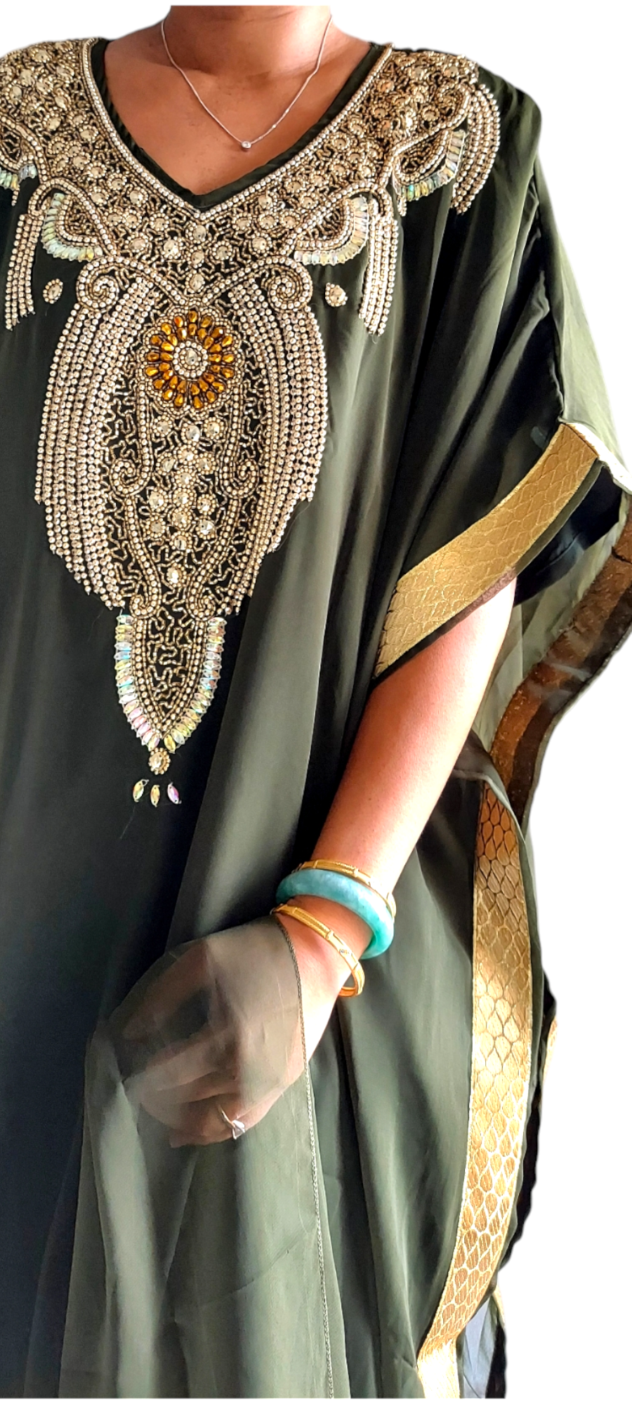 Beaded kaftan Dress With Gold Border - Olive