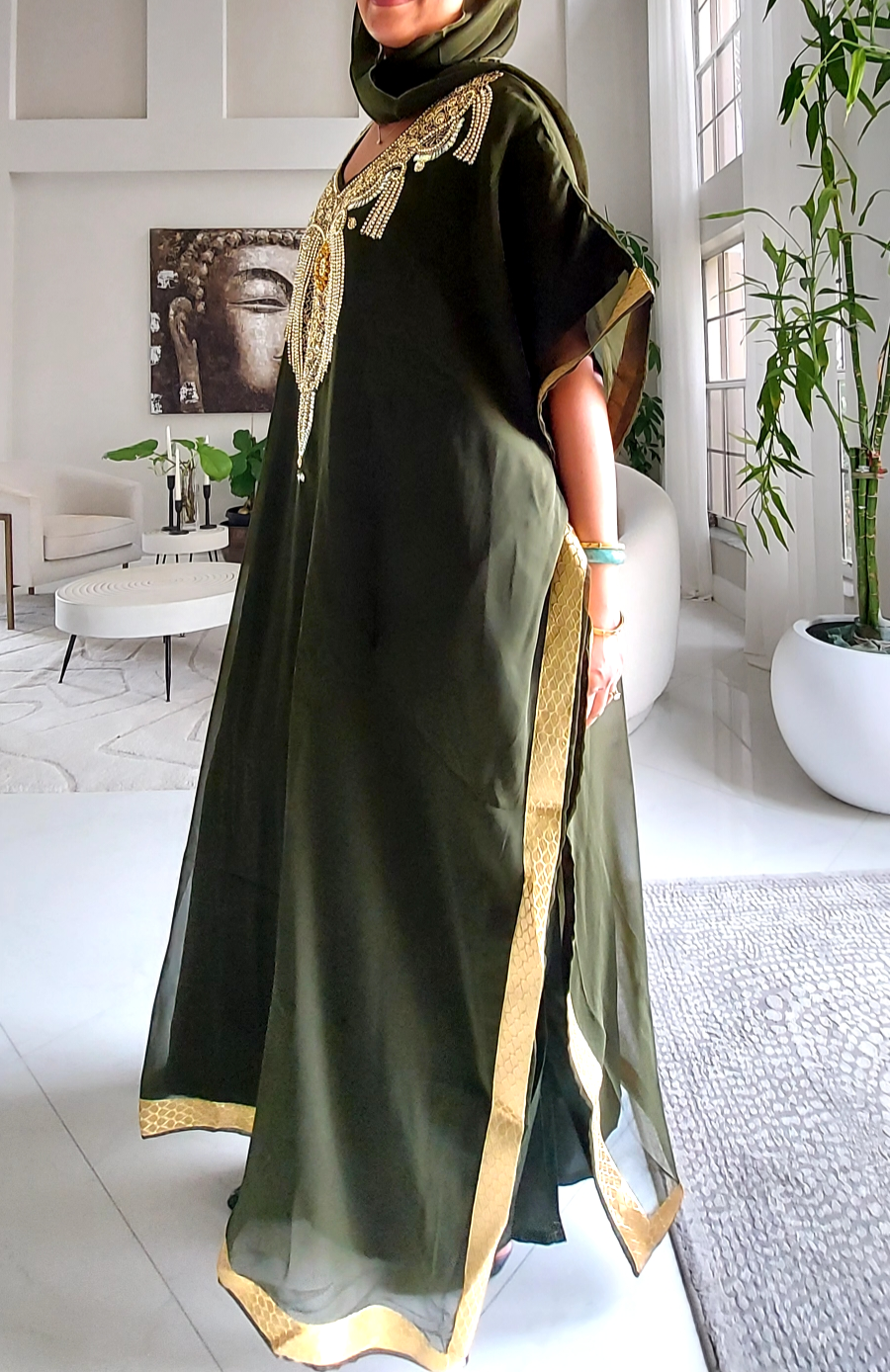 Beaded kaftan Dress With Gold Border - Olive