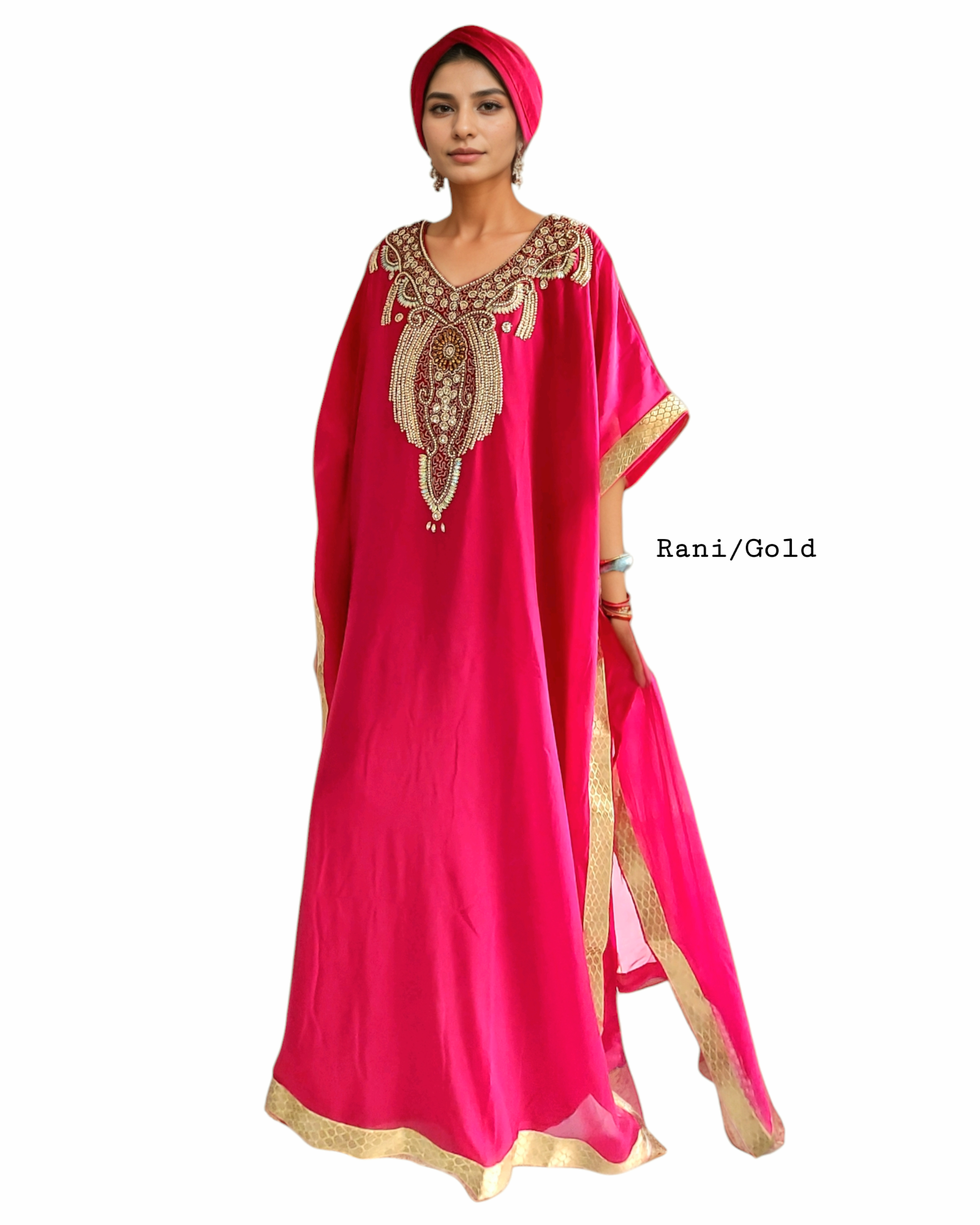 Beaded kaftan Dress With Gold Border - Rani