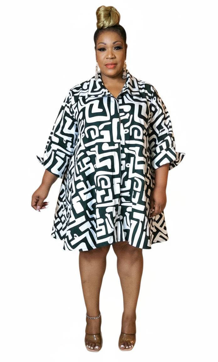 243- Cotton Short  Dress / Blouse- Geometric Pattern