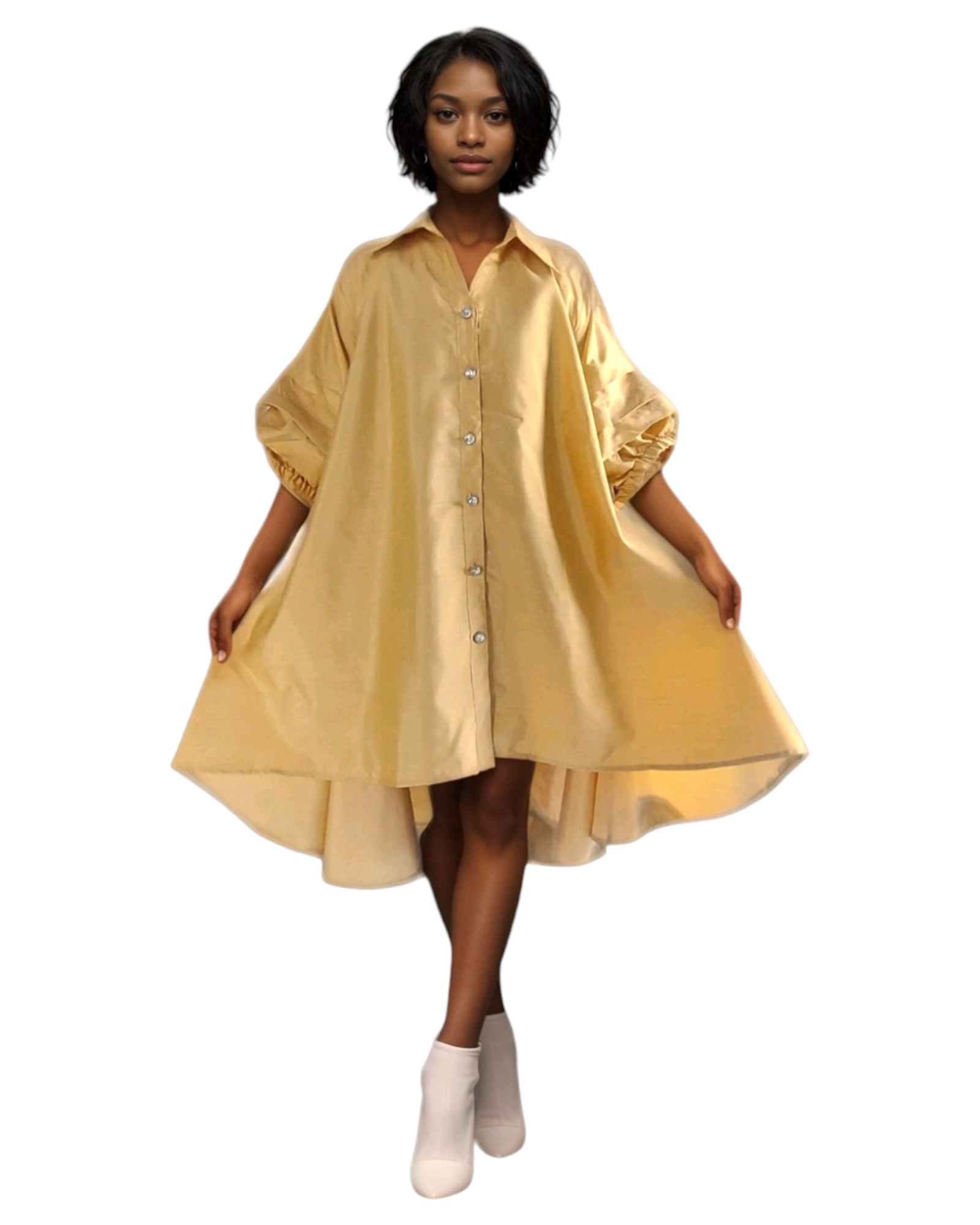 Swing Dress/ Faux Silk/ Ruffle Sleeve - 25013 Beige