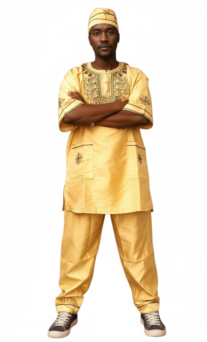Men's African Attire/ 3Pcs Silk Embroidery Set