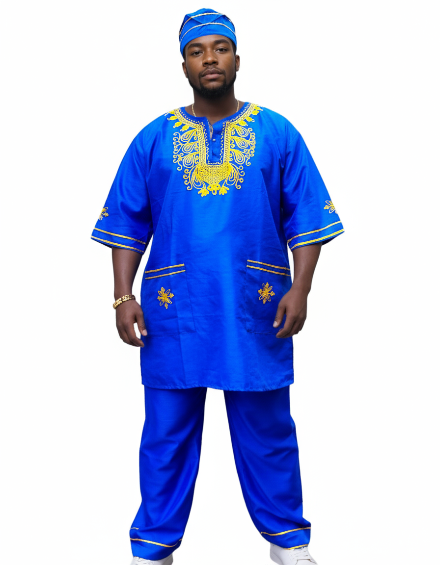 Men's African Attire / 3Pcs Silk Embroidery Set Royal Blue