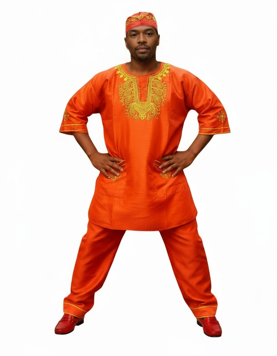 Men's African Attire/ 3Pcs Silk Embroidery Set Red