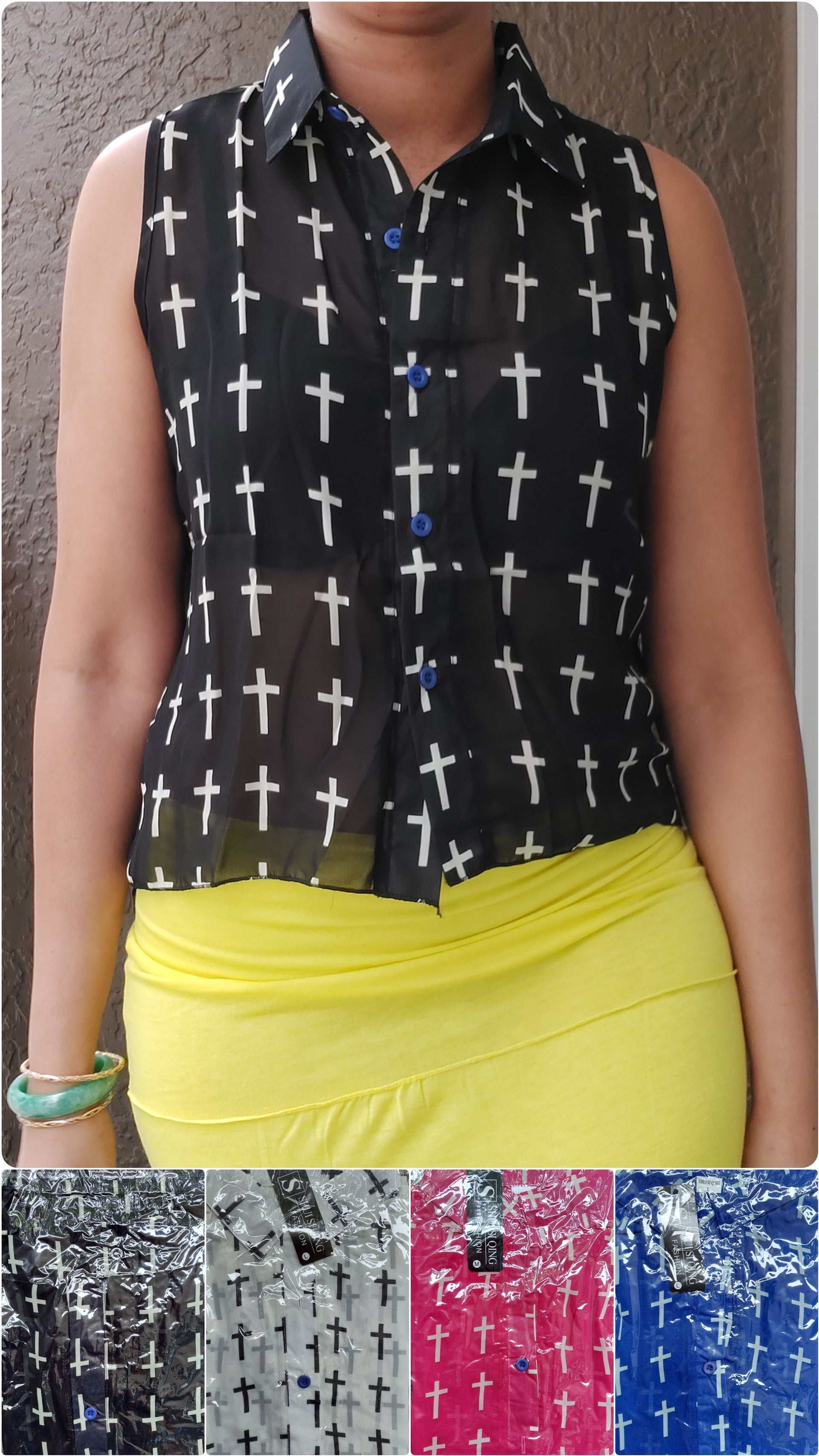 Sleeveless Cross Patterned Blouse -Sheer Tank Top