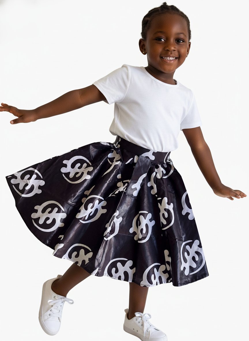 K005  Kids / Girls  Skirt & Scarf Set- Gye-Nyame Print