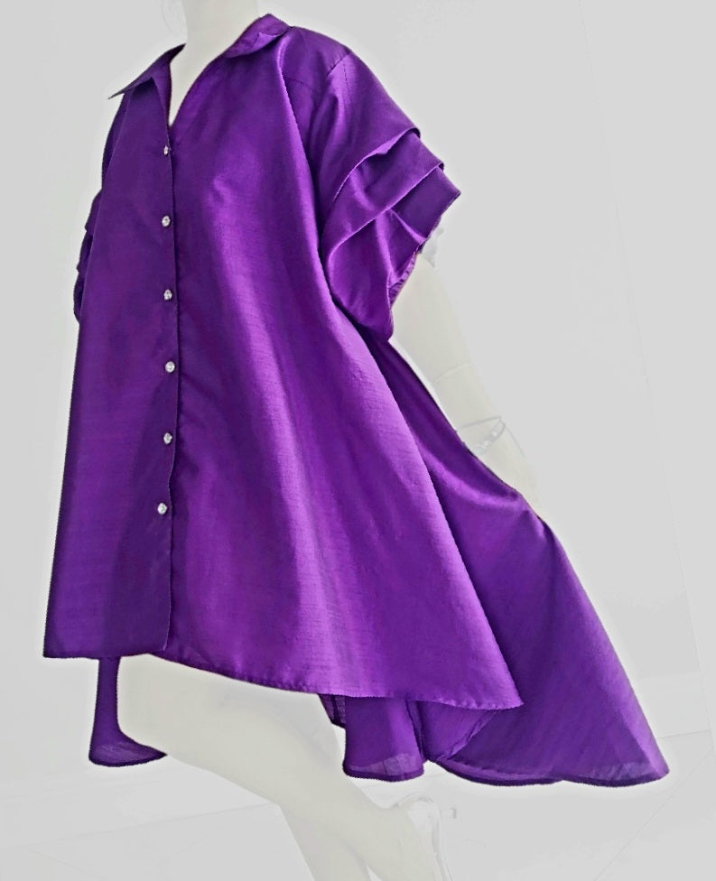 Swing Dress/ Faux Silk/ Ruffle Sleeve - Purple