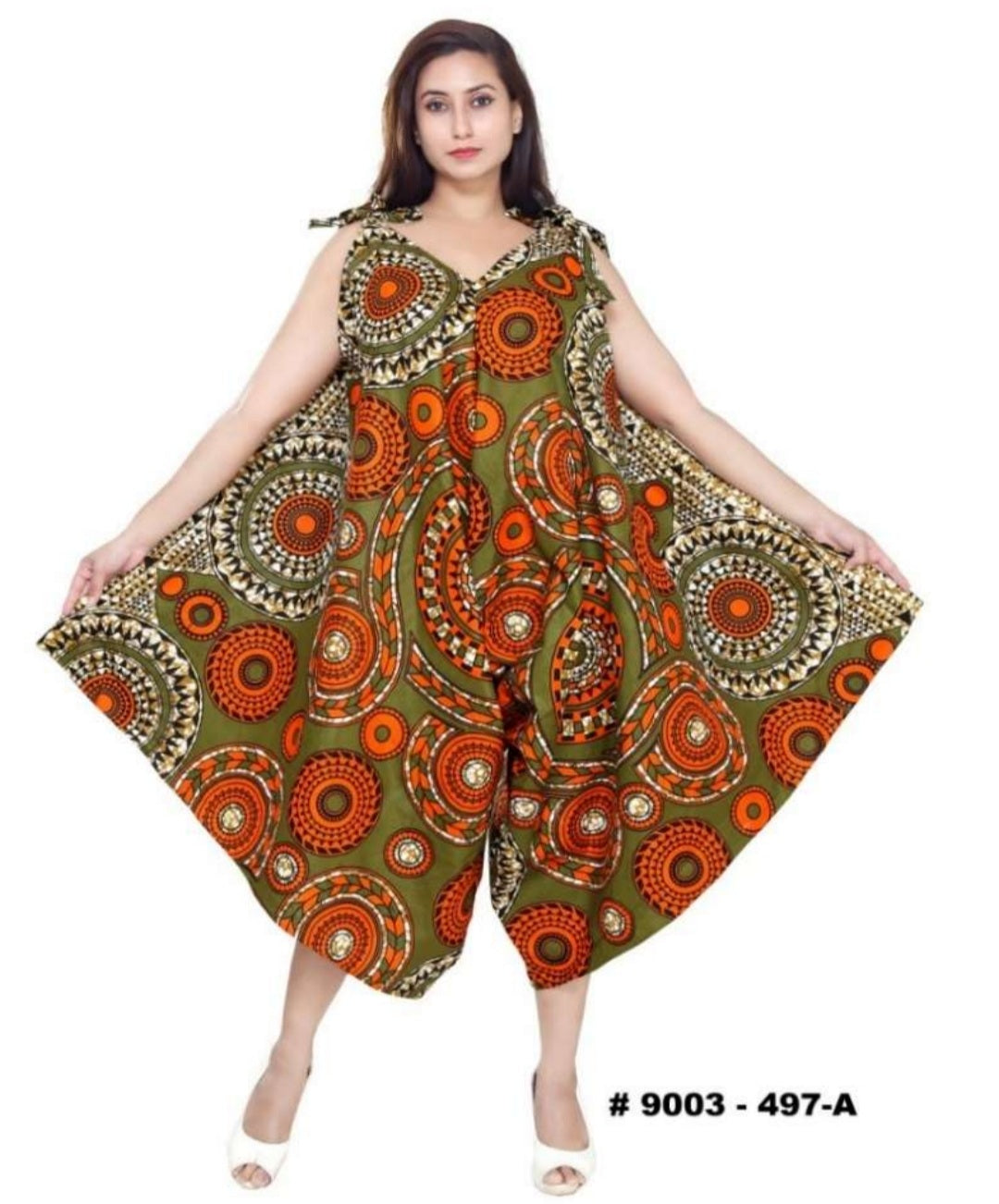 9003 - Harem Romper/Spagetti Straps/ Printed- Olive/Orange