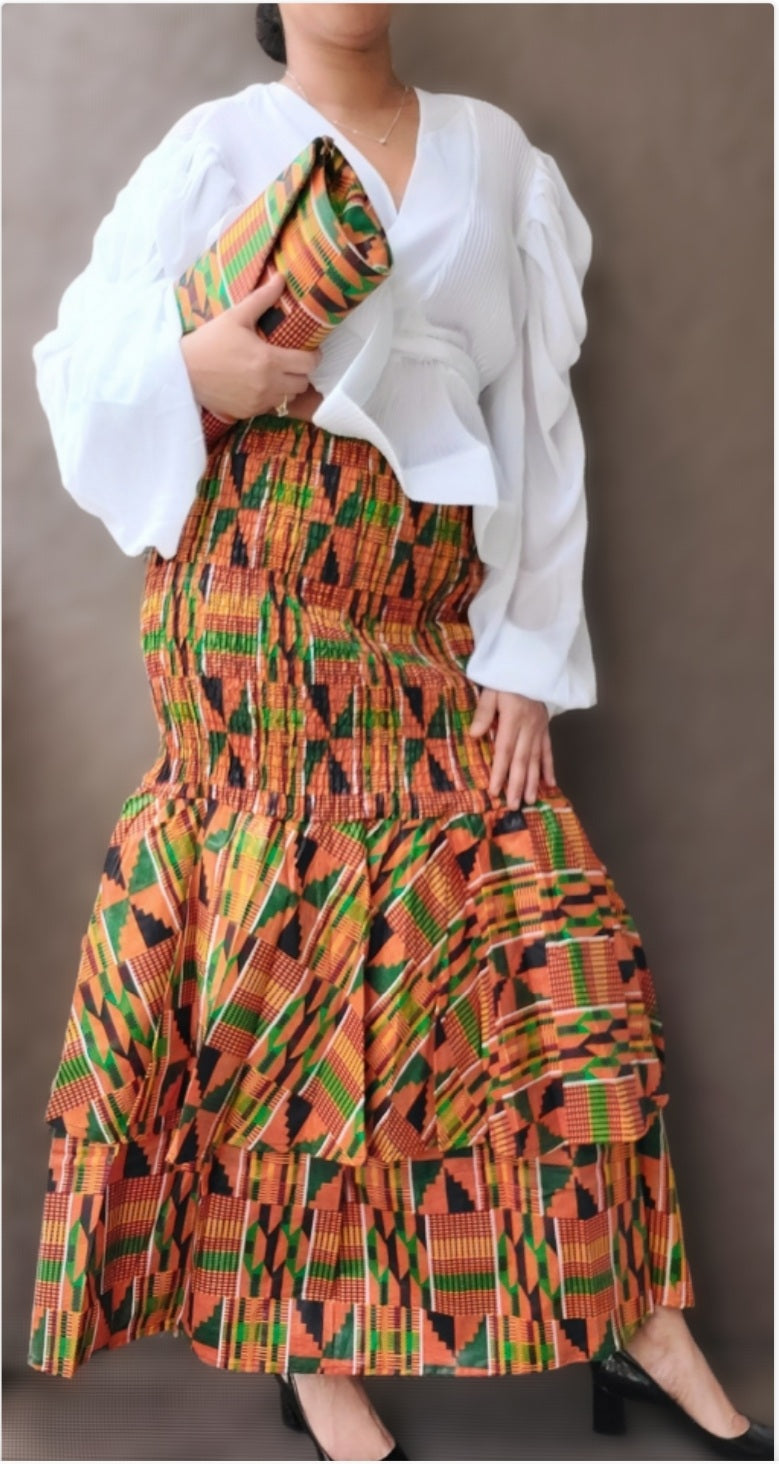 Convertible Tiered Mermaid Skirt / Dress- Orange Kente