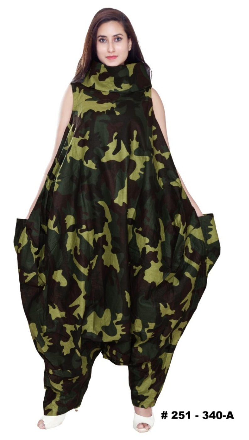 Turtle Neck Harem Jumpsuit/Romper Green Camouflage  -251