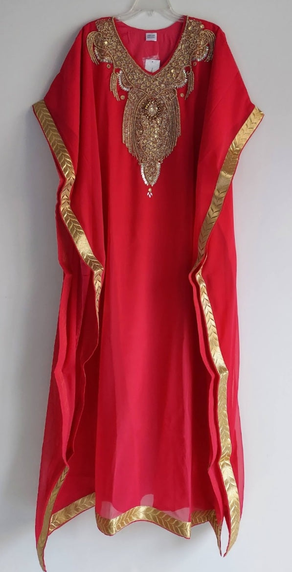 Beaded kaftan Dress With Gold Border - Red