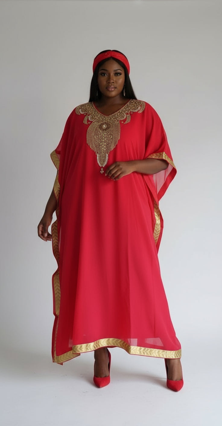 Beaded kaftan Dress With Gold Border - Red