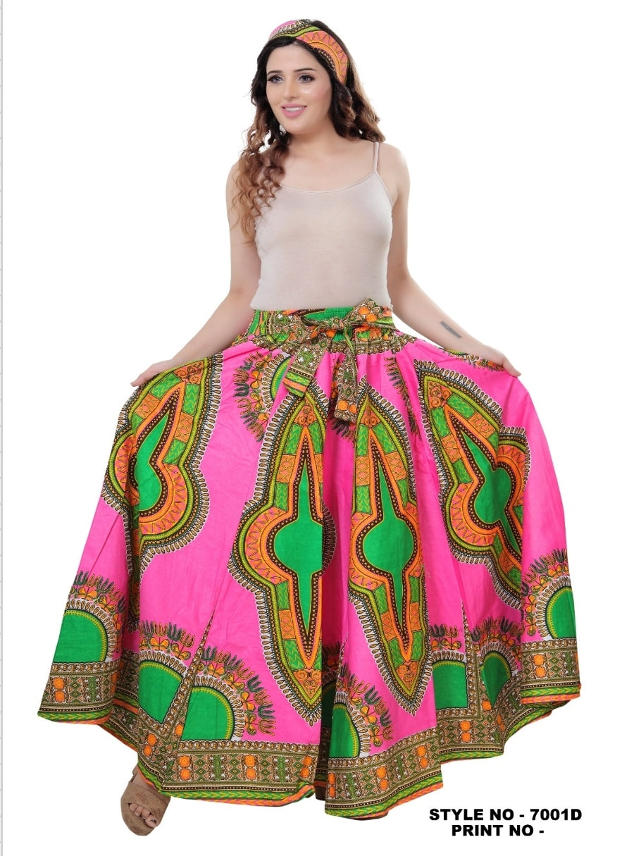 7001 Women Long Maxi Skirt- Pink Dashiki