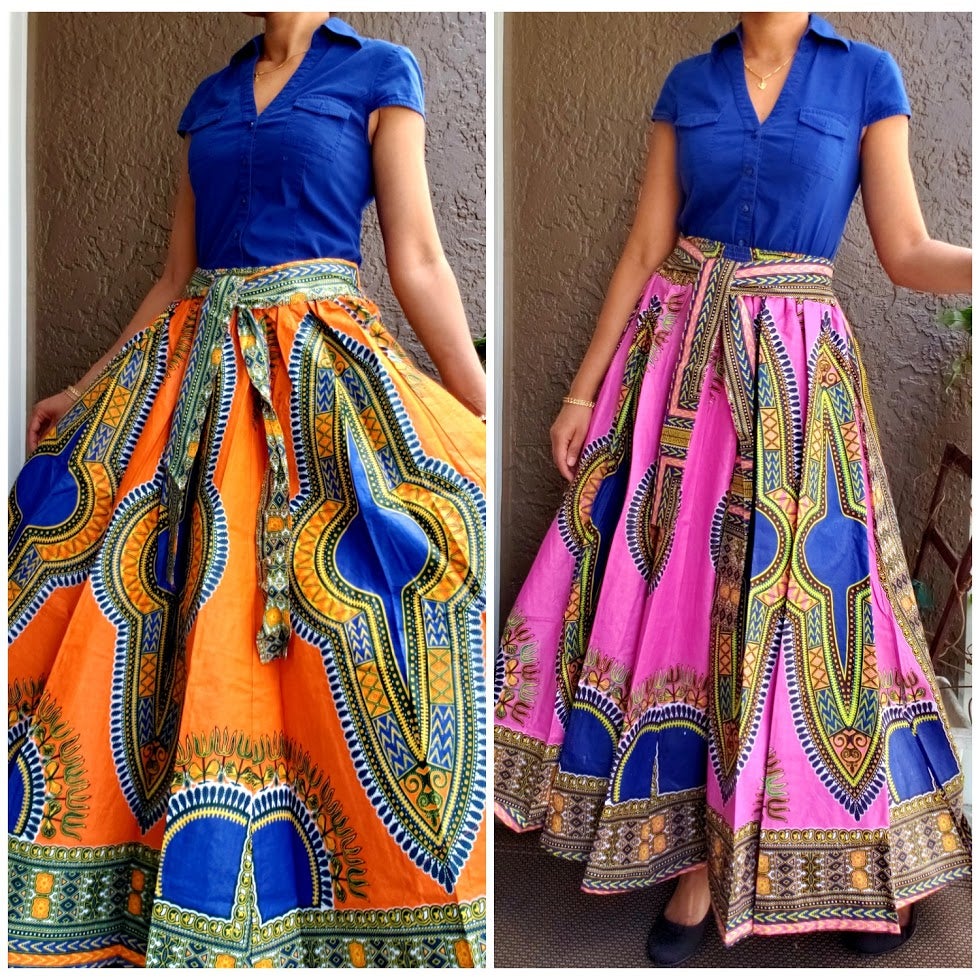 7001 Women Long Maxi Skirt- Orange Dashiki