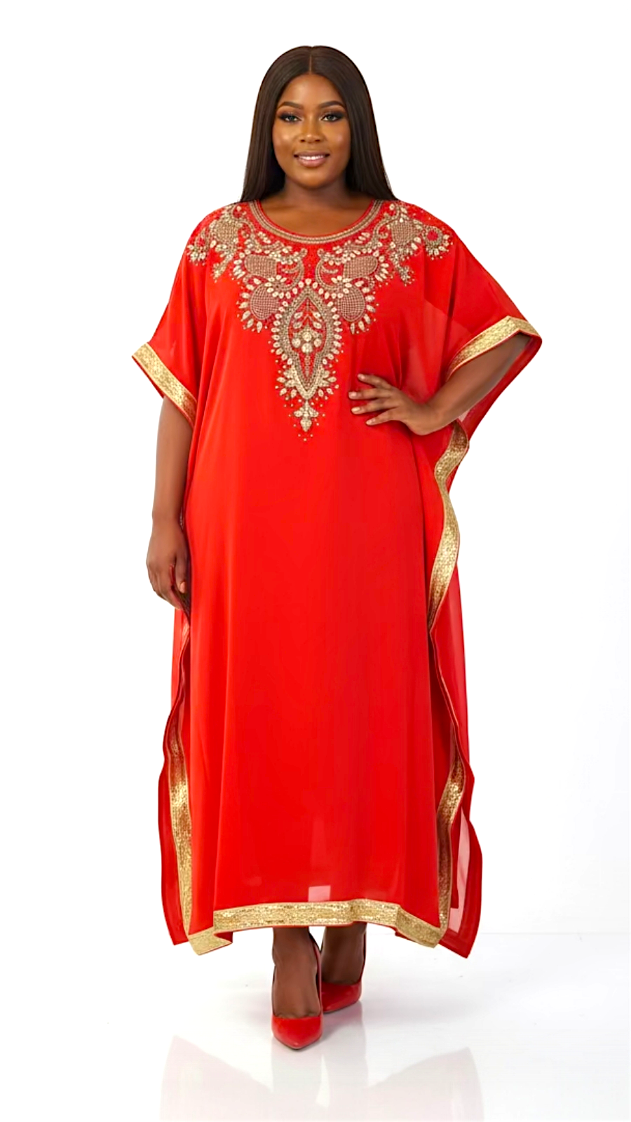 Beaded kaftan Dress With Gold Border