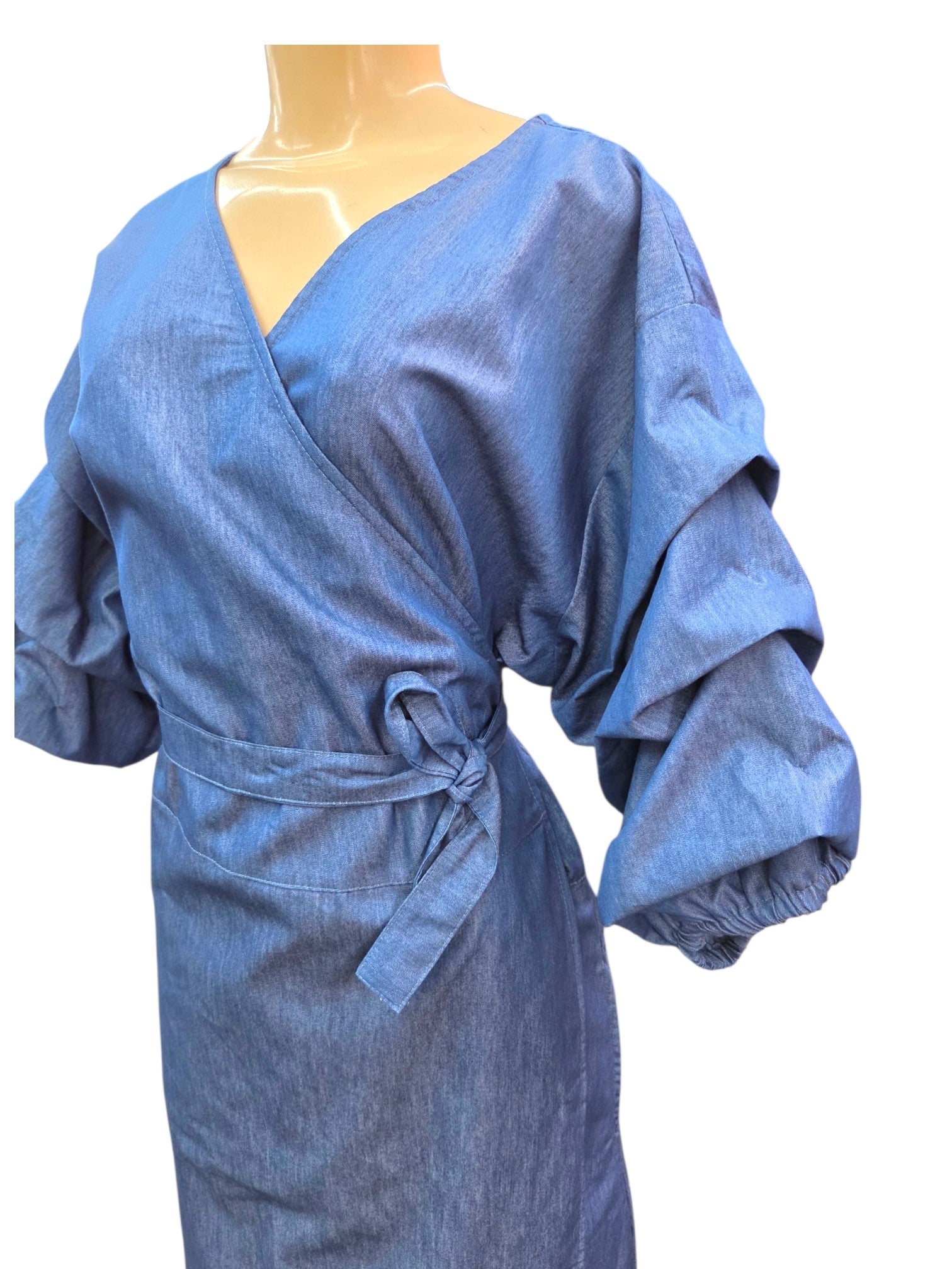 Denim Wrap Dress With Ruffle Sleeve