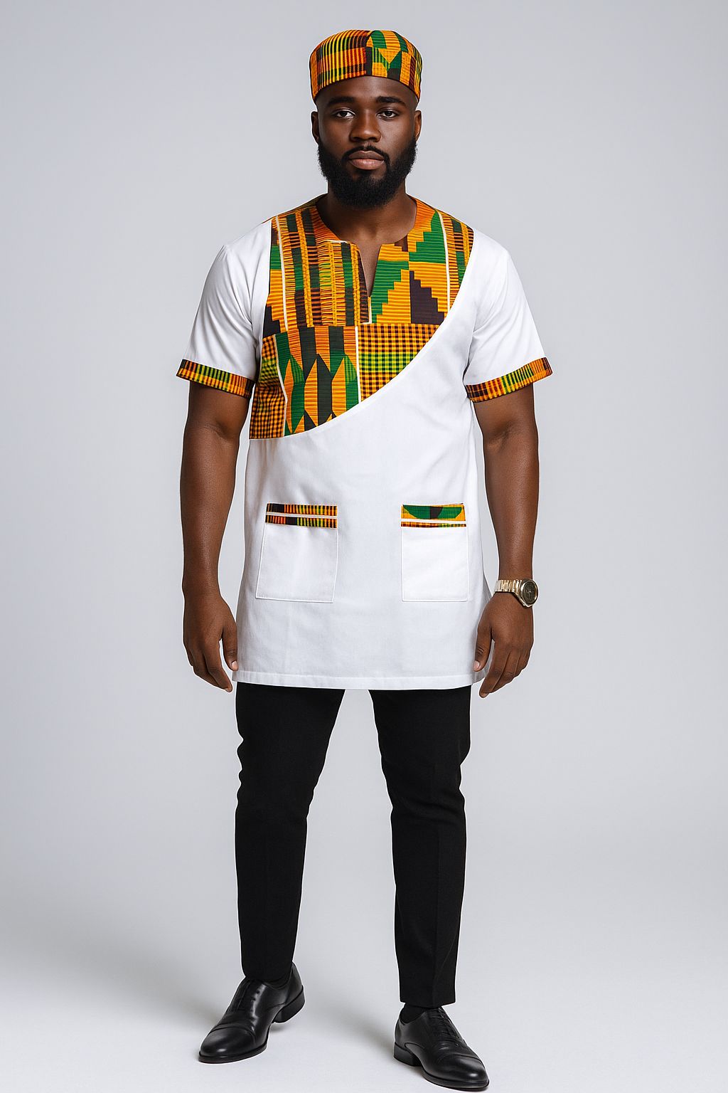 Men Tunic Shirt / Kente Accent- Black M040